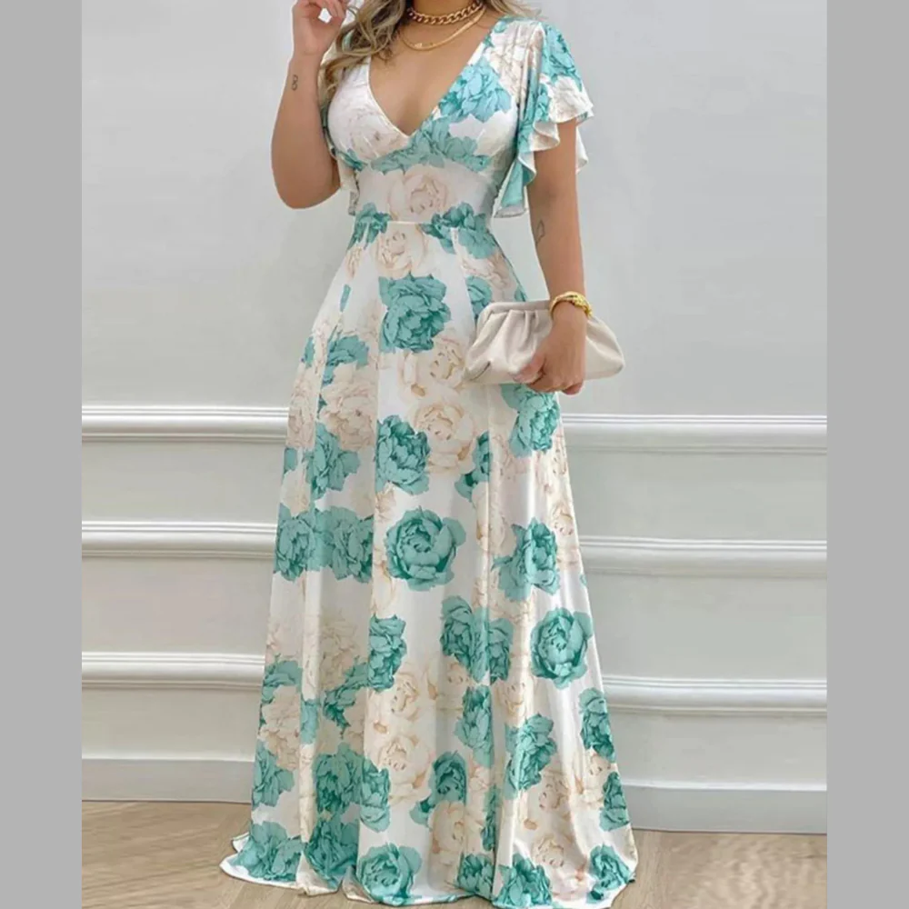 Floral Print V-Neck Ruffle Sleeve Maxi Dress - ZKZOOK