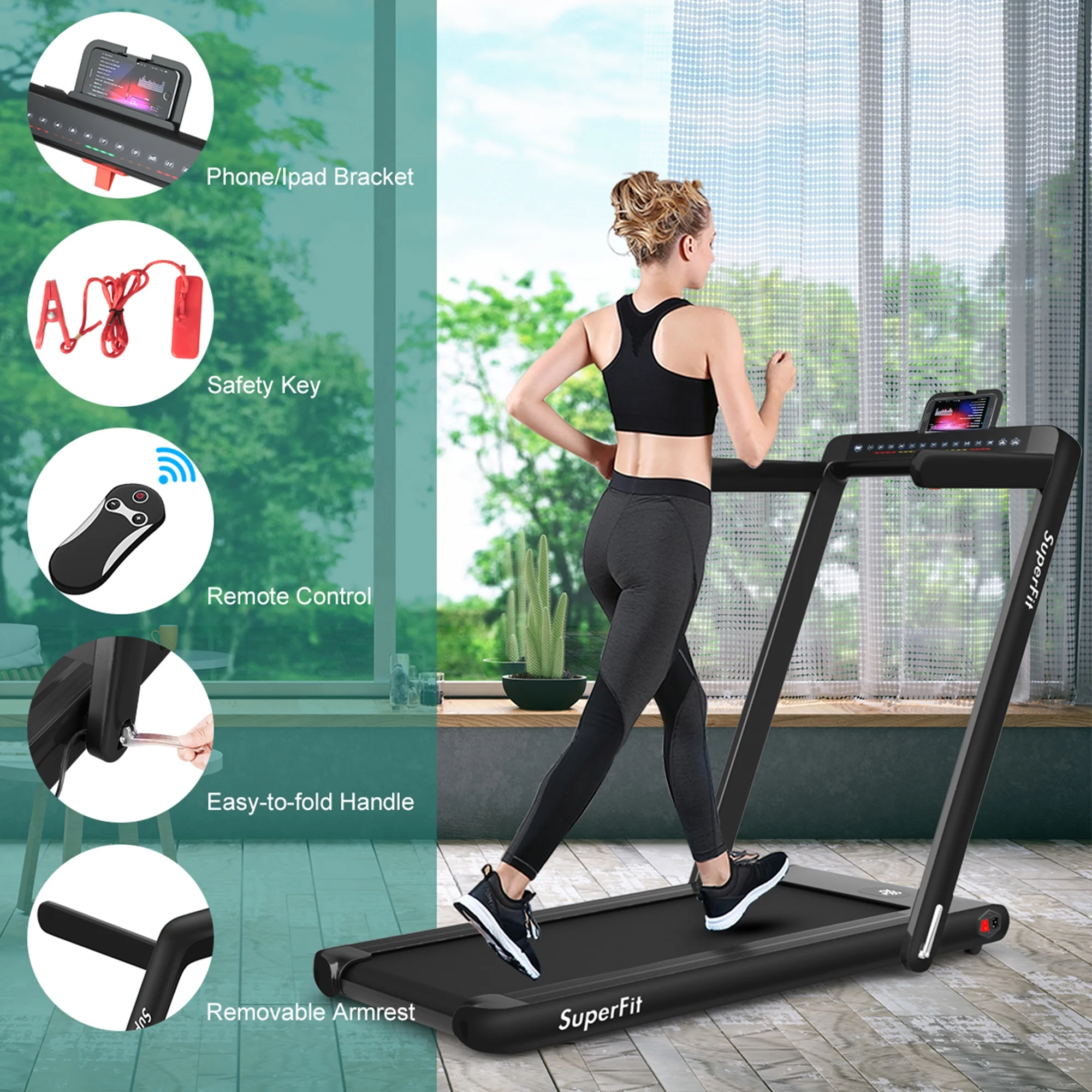 Gymax 2 in 1 Folding Treadmill 2.25HP Running Machine w/ Dual Display APP Control Black - Image 14