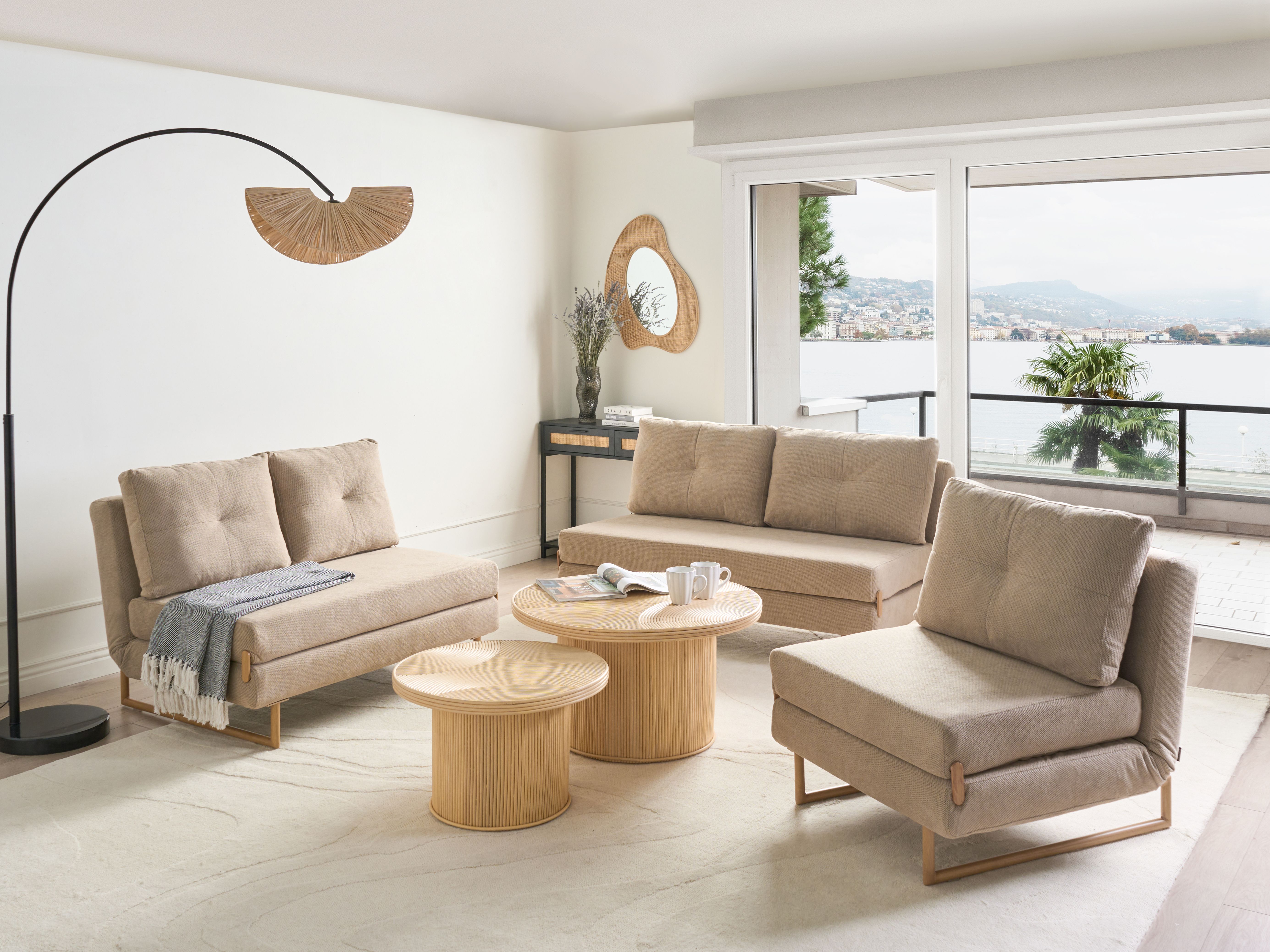 Living Room Set 6 Seater JERSLEV Fabric Light Brown