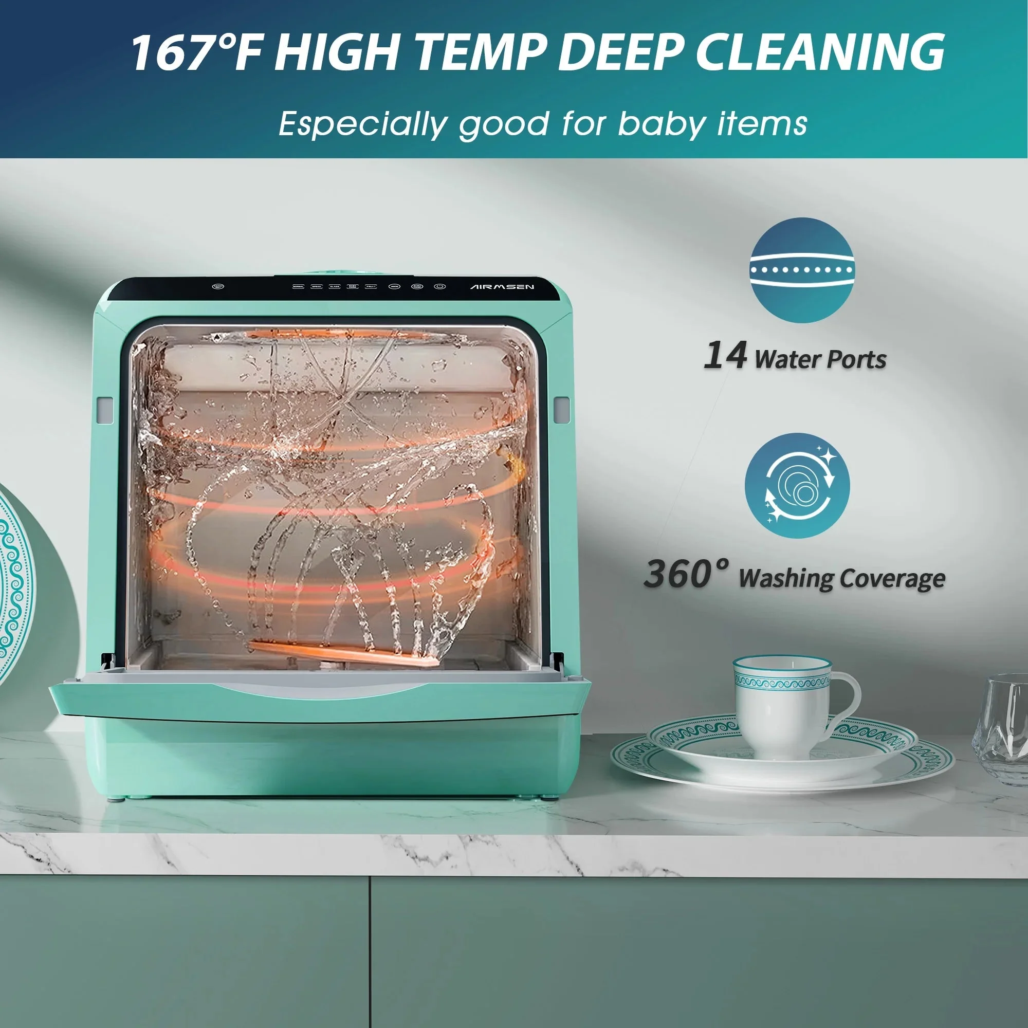 AIRMSEN Portable Countertop Dishwasher With 5L Built-In Water Tank And 5 Washing Programs - AE-TDQR03