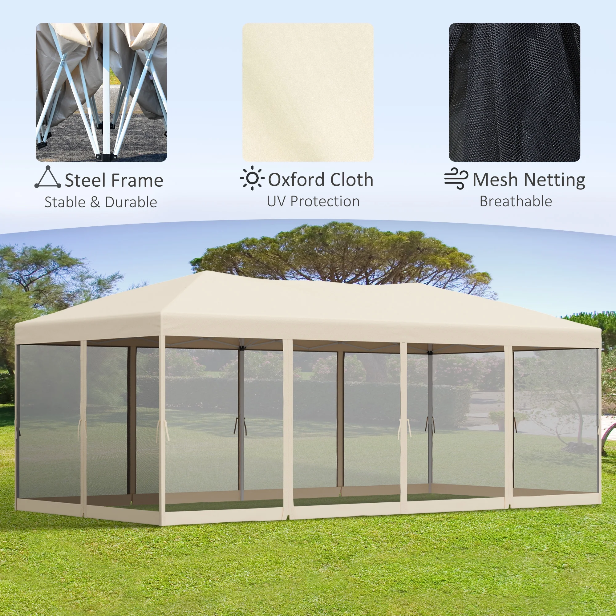 Outsunny 10' x 20' Pop Up Canopy Tent with Netting, Heavy Duty Large Party Tent, Instant Sun Shelter with Carry Bag for Backyard Garden Patio, Beige - Image 4