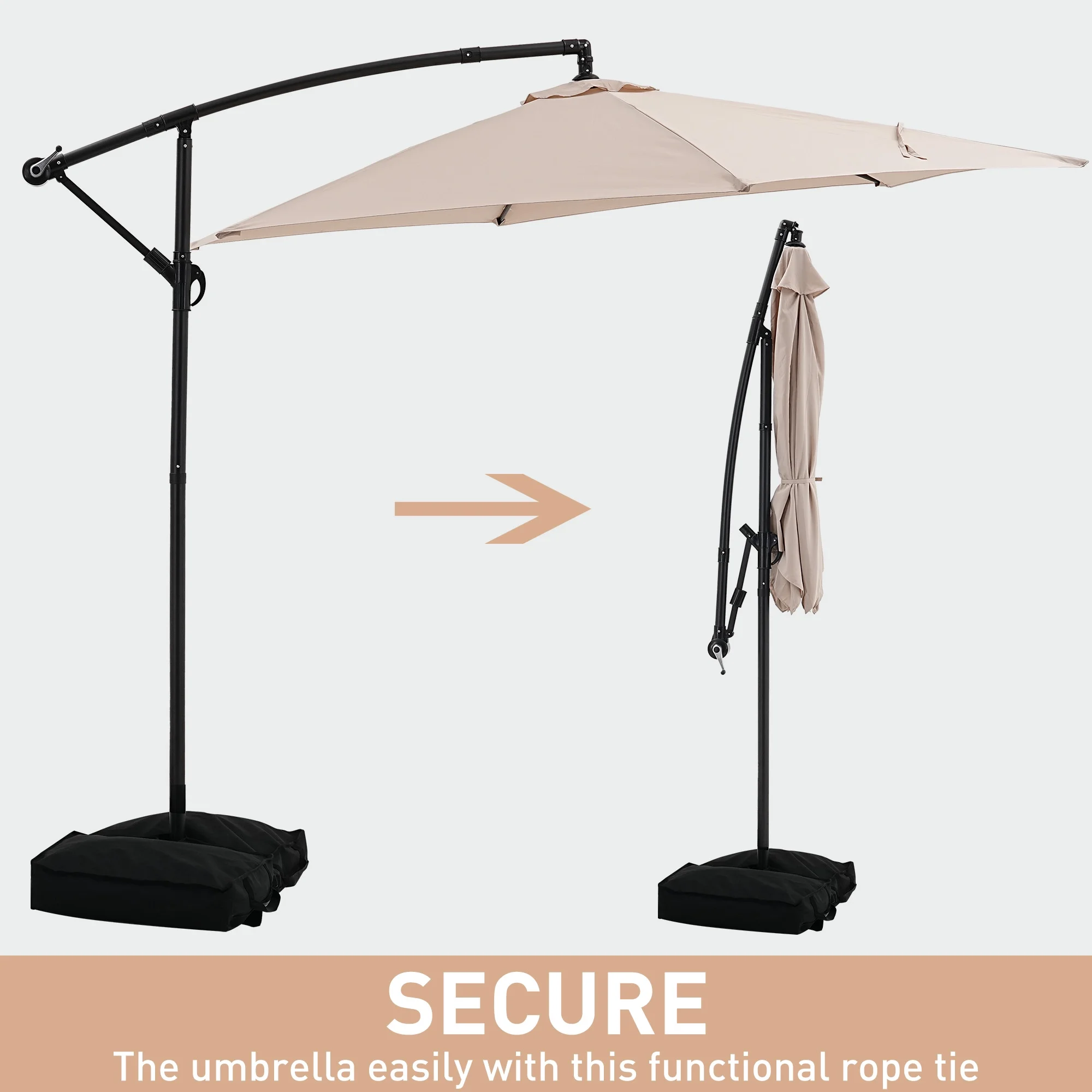 Ainfox 10ft Cantilever Patio Umbrella with Lights, Offset Market Umbrella with Sandbags Weighted Base and Cross Base,Khaki - Image 20