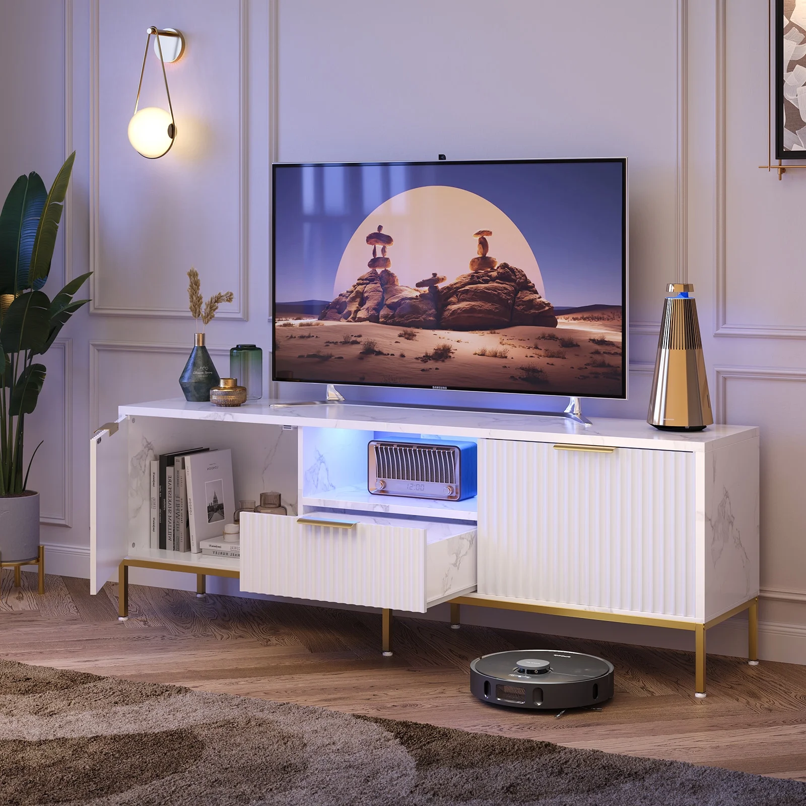 Bestier 55" LED TV Stand for TVs up to 60" Modern High Gloss Entertainment Center with Drawers Cabinets Fluted TV Console, White & Gold - Image 39