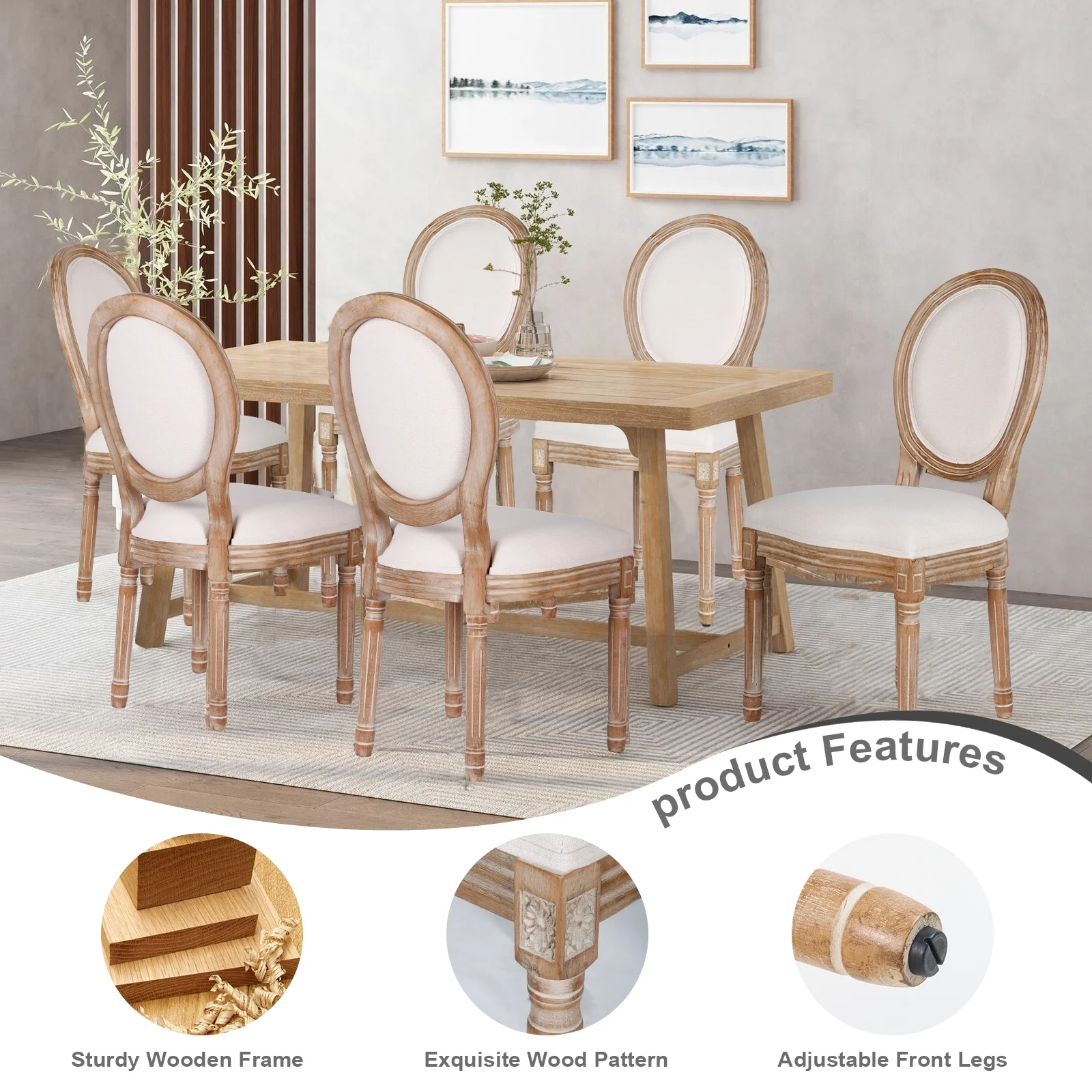 French Dining Chairs Set of 2 Beige Natural Fabric Round Back with Solid Wood Legs and Frame for Bedroom Dining Room Kitchen - Image 4