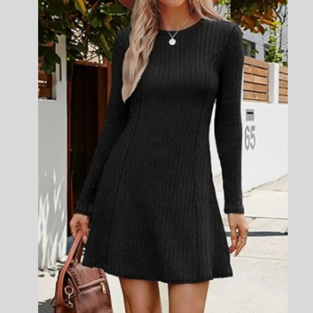 Ribbed Knit Long Sleeve Flare Dress - ZKZOOK