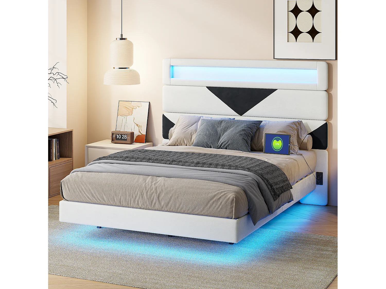Lit double 160x200 cm  - USB et USB C - LED intégrée - Tissu velours blanc