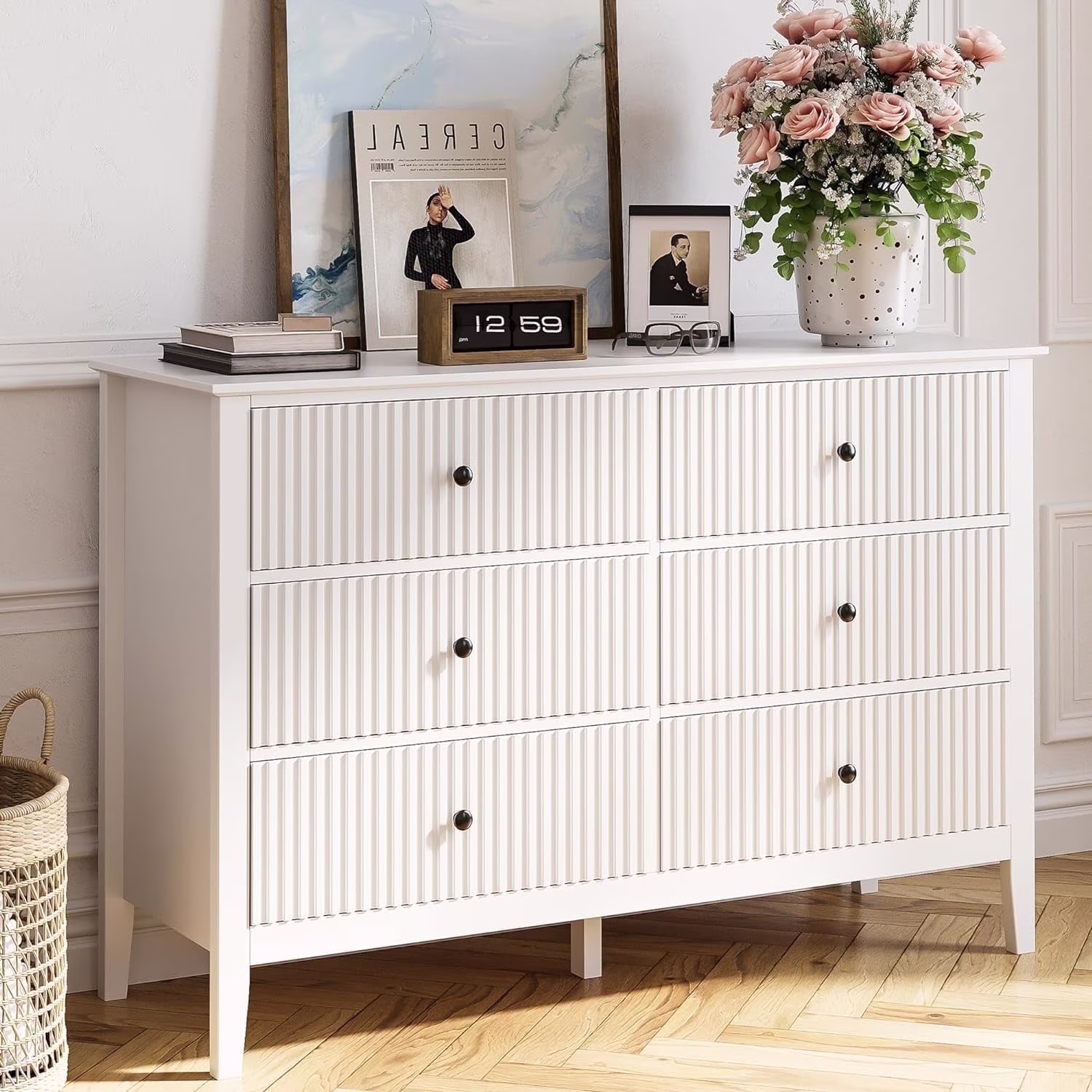 May Color Large White 3 Drawer Dresser Set of 2 with Fluted Panel, Modern Chest of Drawers with Silent Slide Drawers, Wood Accent Nightstand with Storage for Bedroom Living Room, Hallway - Image 27