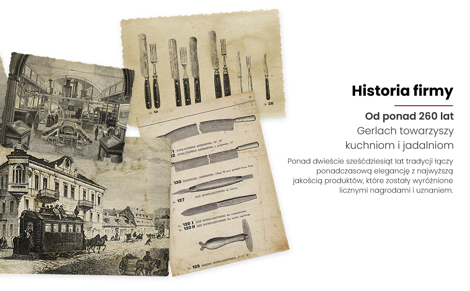 Tekst brzmi „Historia firmy”. Kolekcja zabytkowych fotografii sepii przedstawiających zabytkowe budynki i elementy architektoniczne.