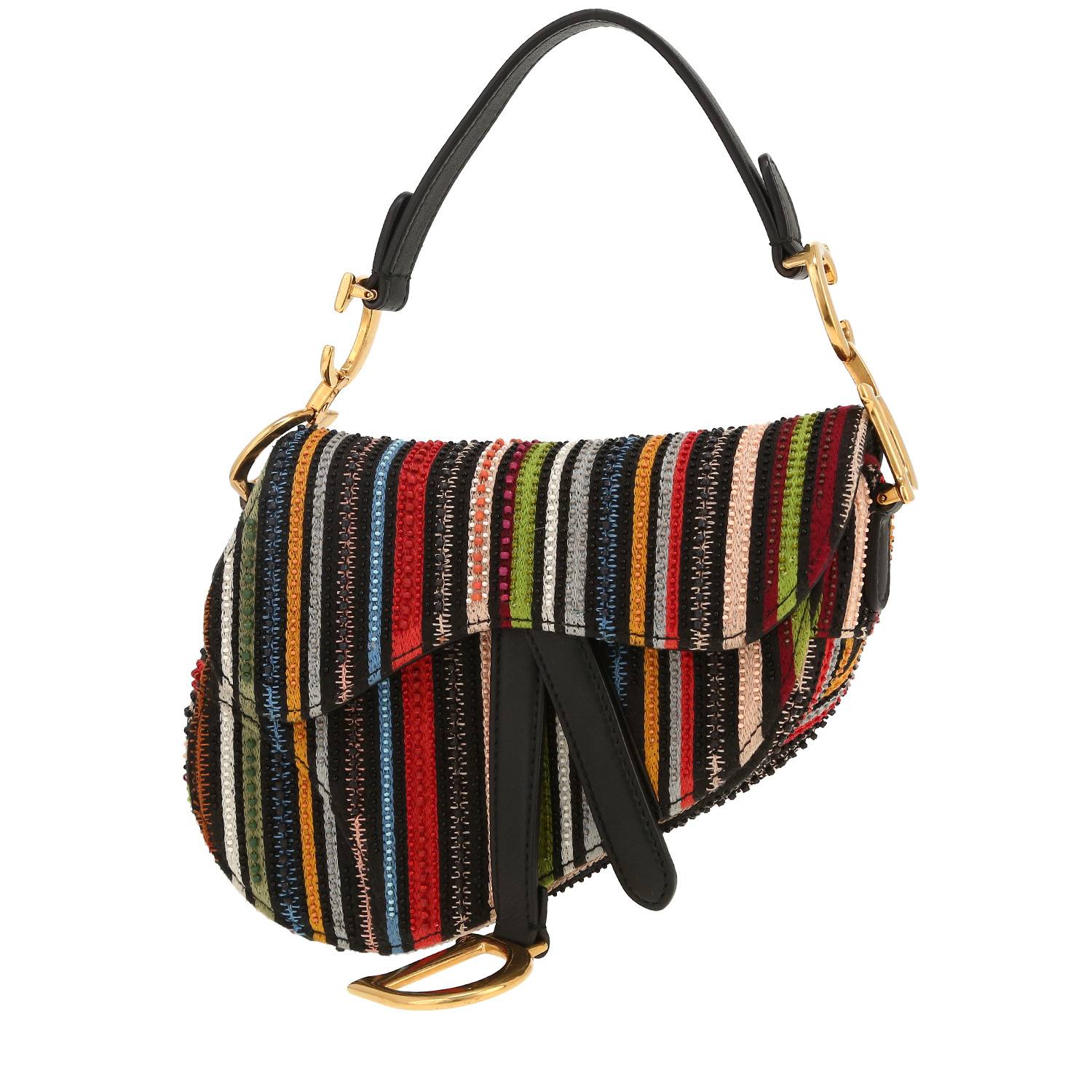Dior Saddle handbag in black leather and multicolor canvas