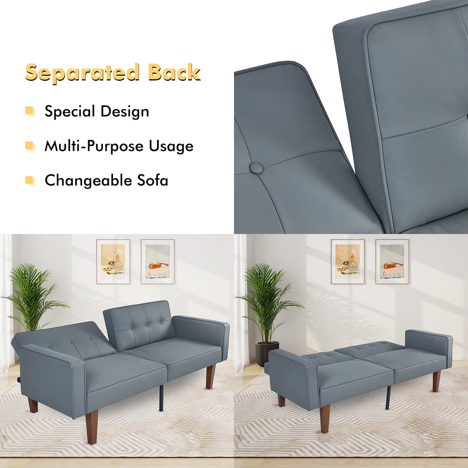 Sofa Bed, Convertible Memory Foam Futon Couch, Adjustable Sleeper Sofa Bed for Living Room, Gray - Image 20