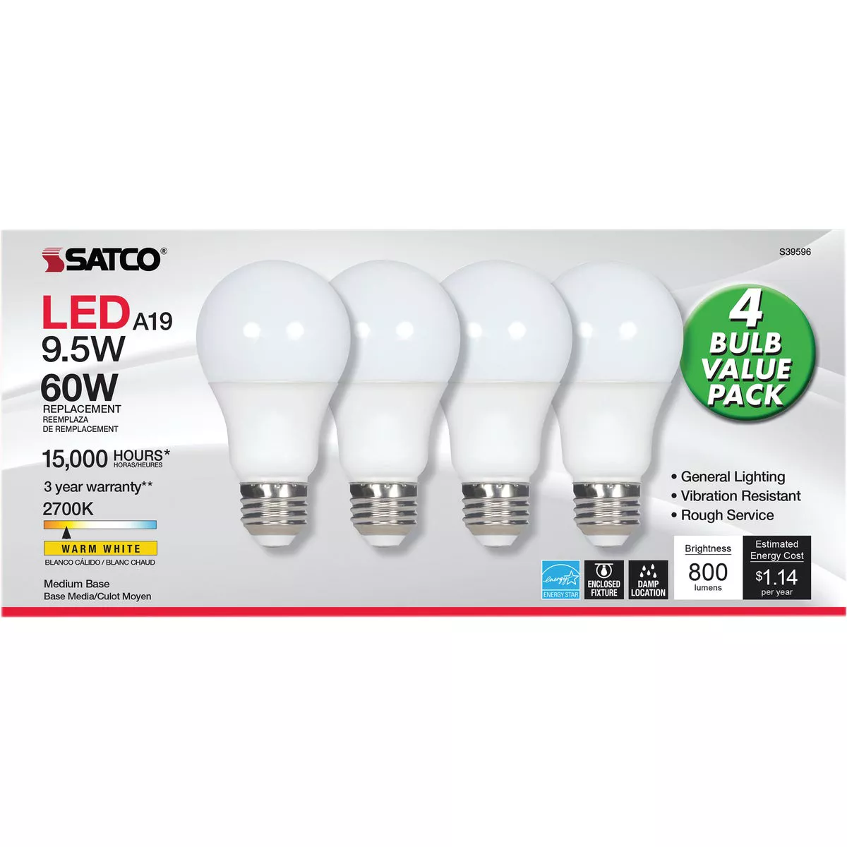 Satco 60W Equivalent Warm White A19 Medium LED Light Bulb (4-Pack)