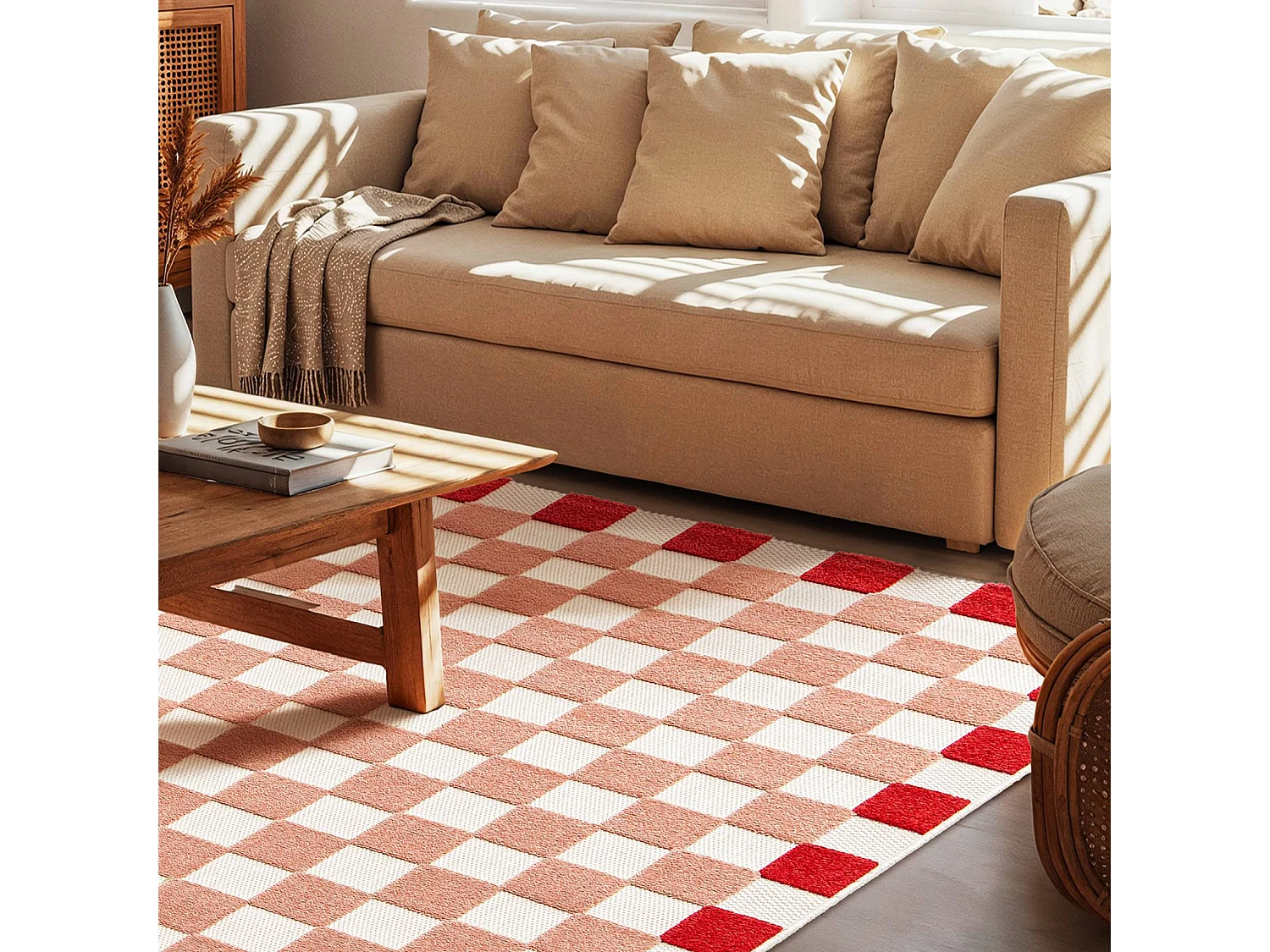 Tapis intérieur/extérieur damier rose et rouge 200x290cm - Mona