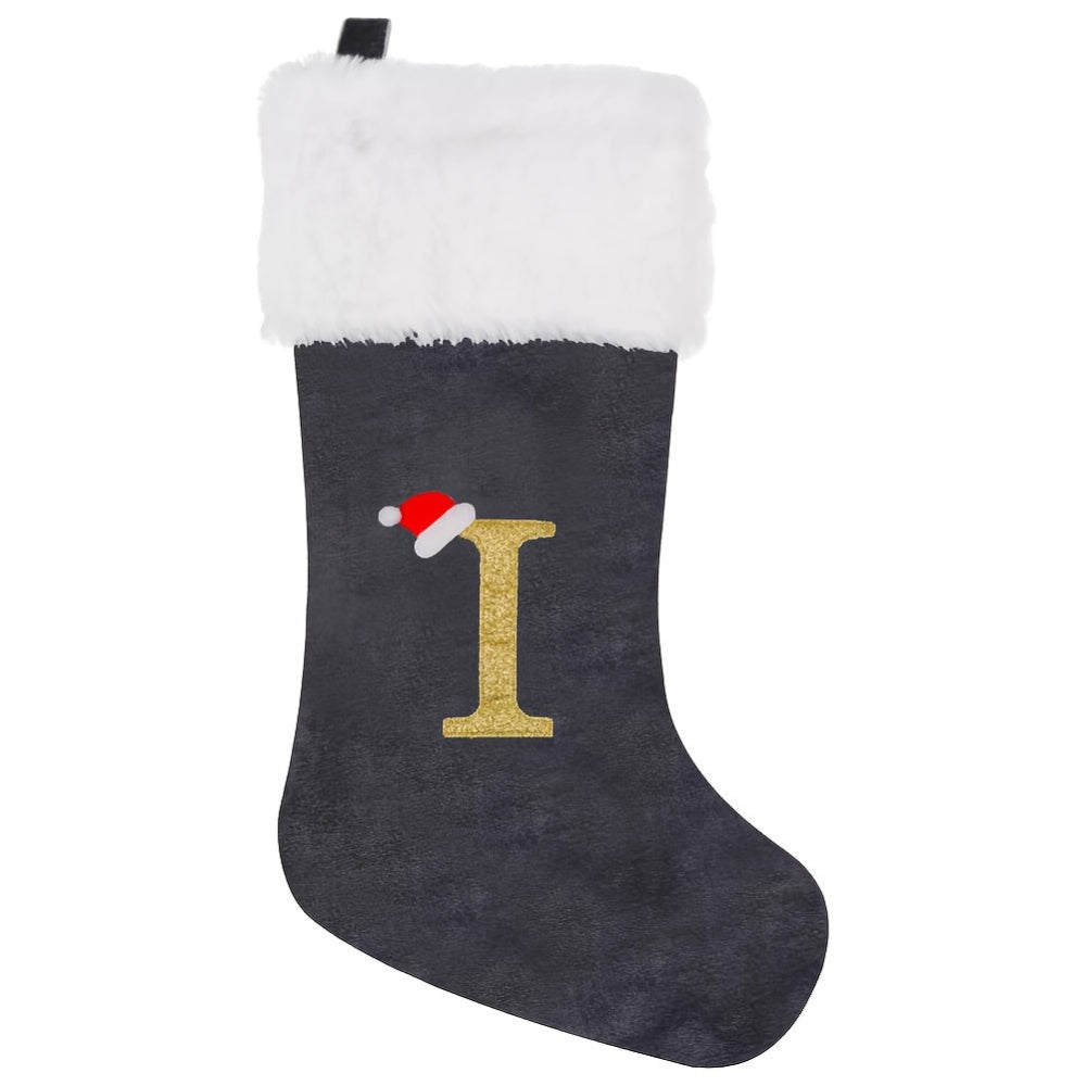 Gepersonaliseerde Fluwelen Kerstsok met Monogram – Modern Grijs Ontwerp