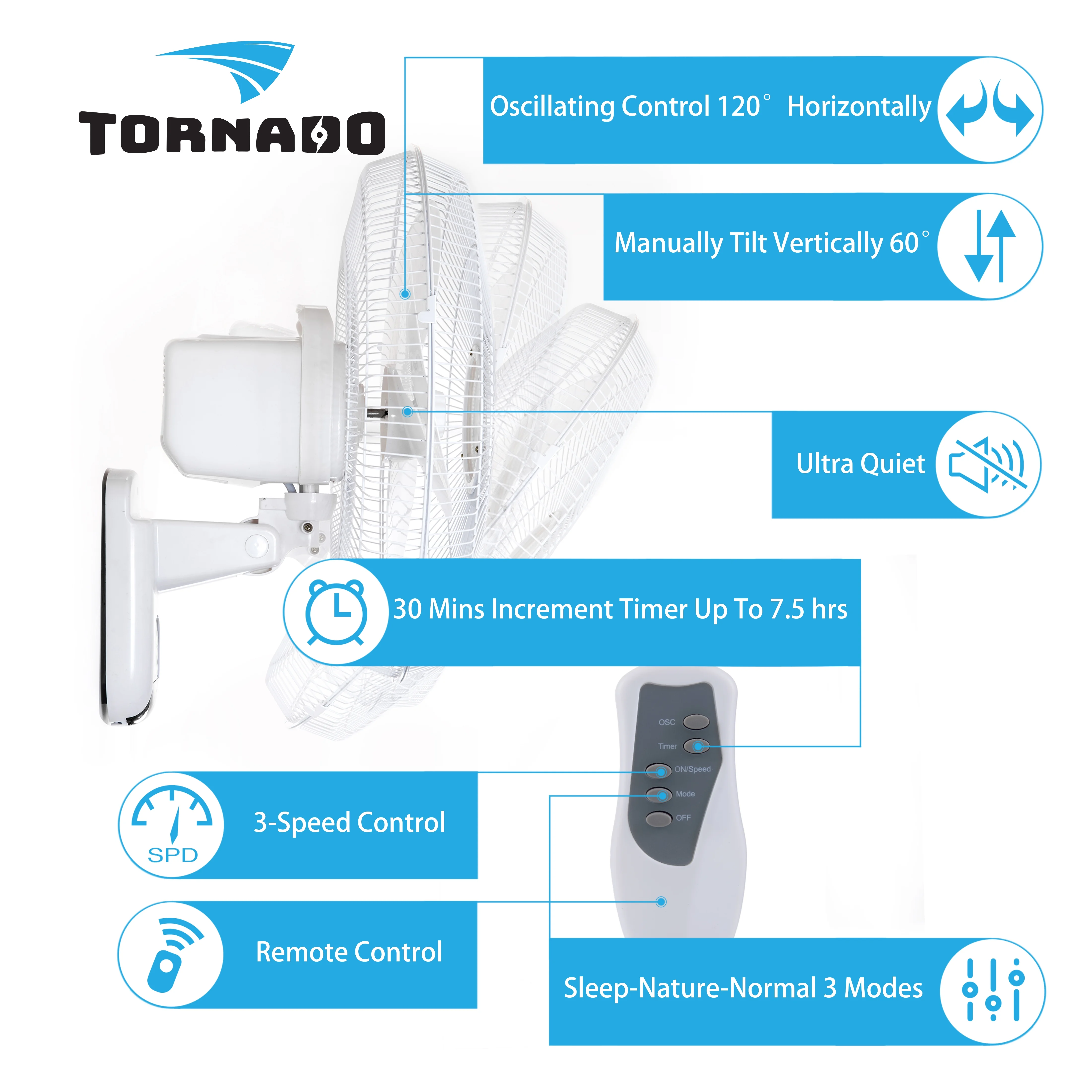 2 Pack - Tornado 16 Inch Wall Mount Fan - Remote Control Included - 3 Speed Settings - UL Safety Listed - Image 5