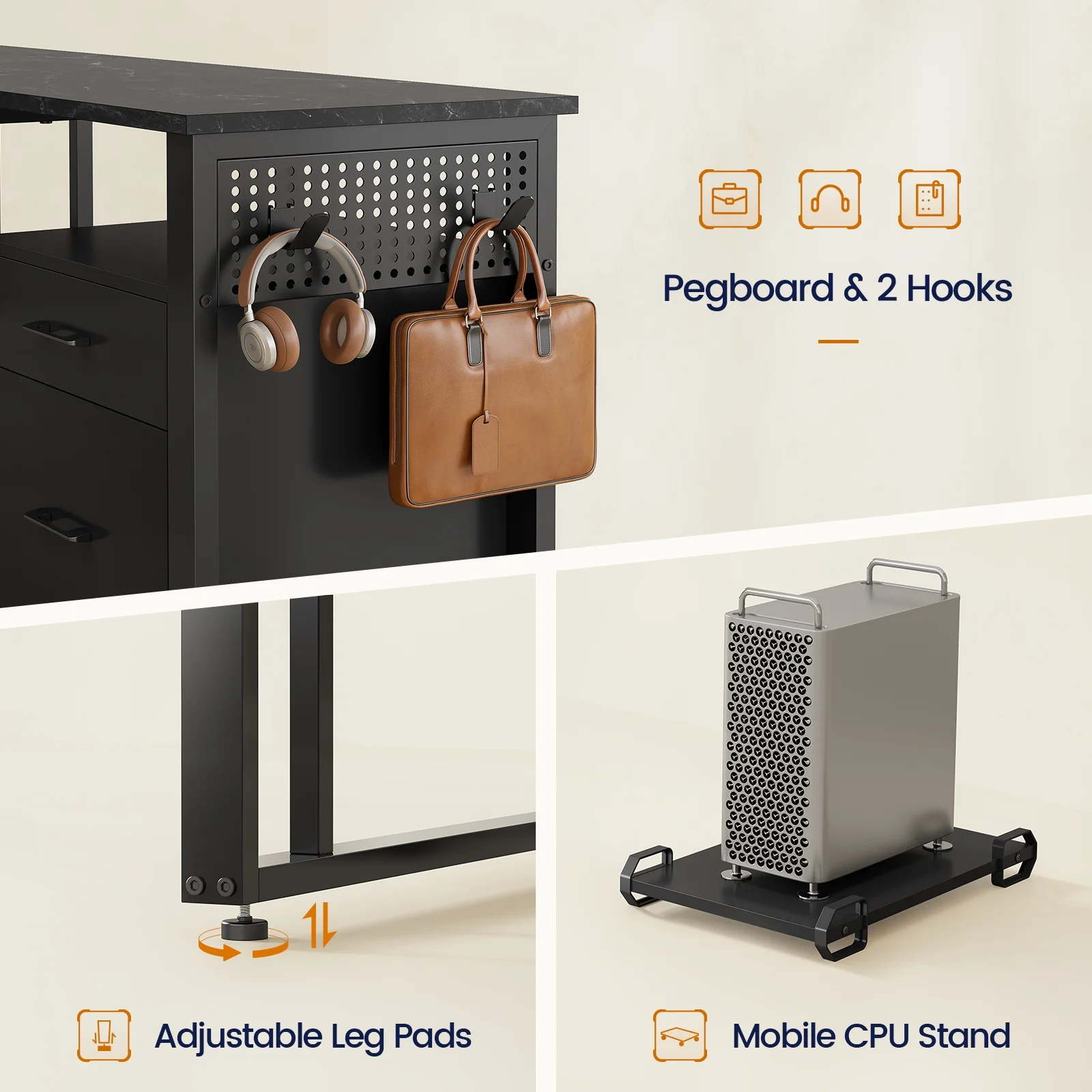71" Executive Desk with Power Outlets, Modern L Shaped Office Desk with File Drawers and Pegboard, Large Computer Desk, Rustic Brown - Image 12