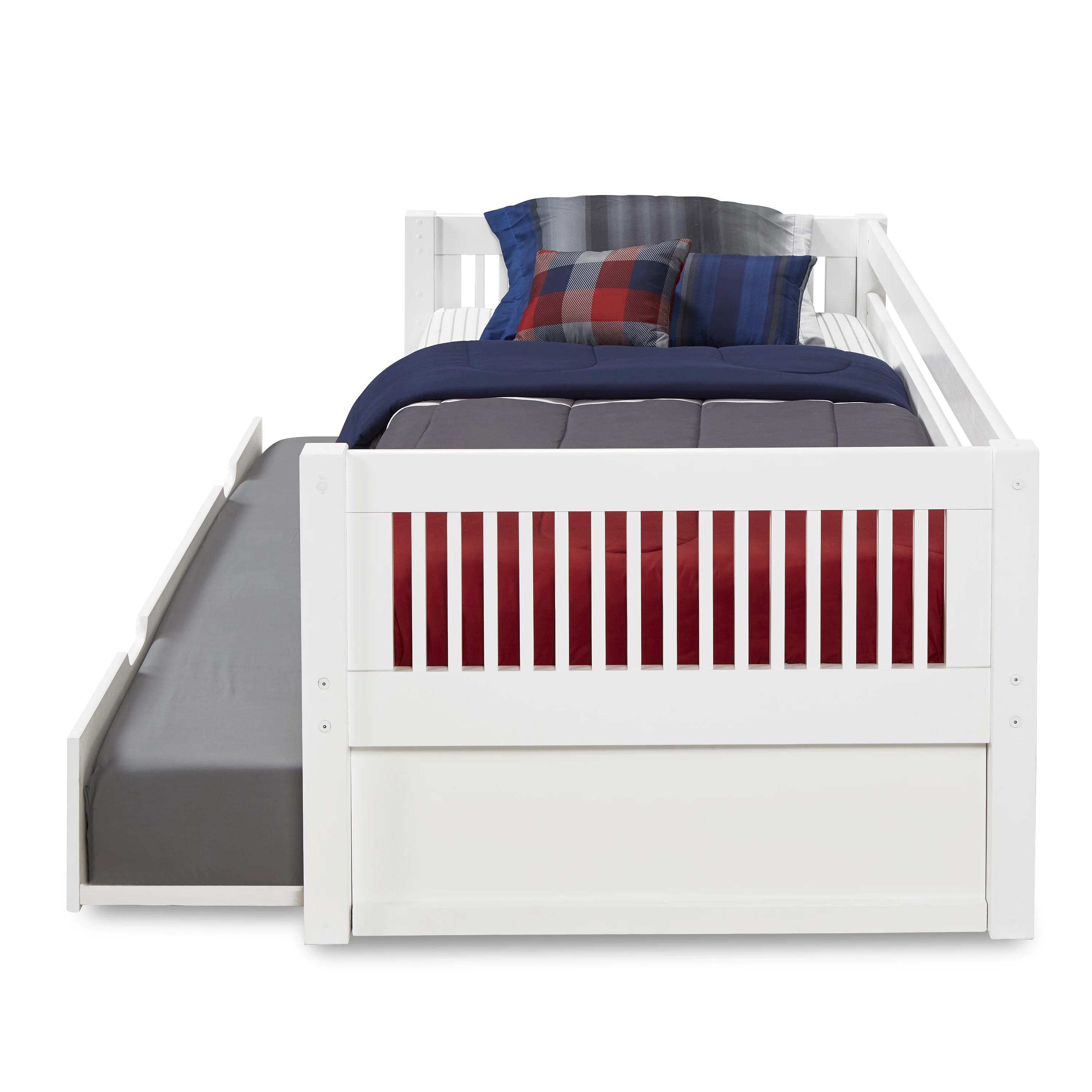 Camaflexi Wooden Daybed with Trundle, Mission Style with Removable Front and Rear Guard Rails, Twin, White