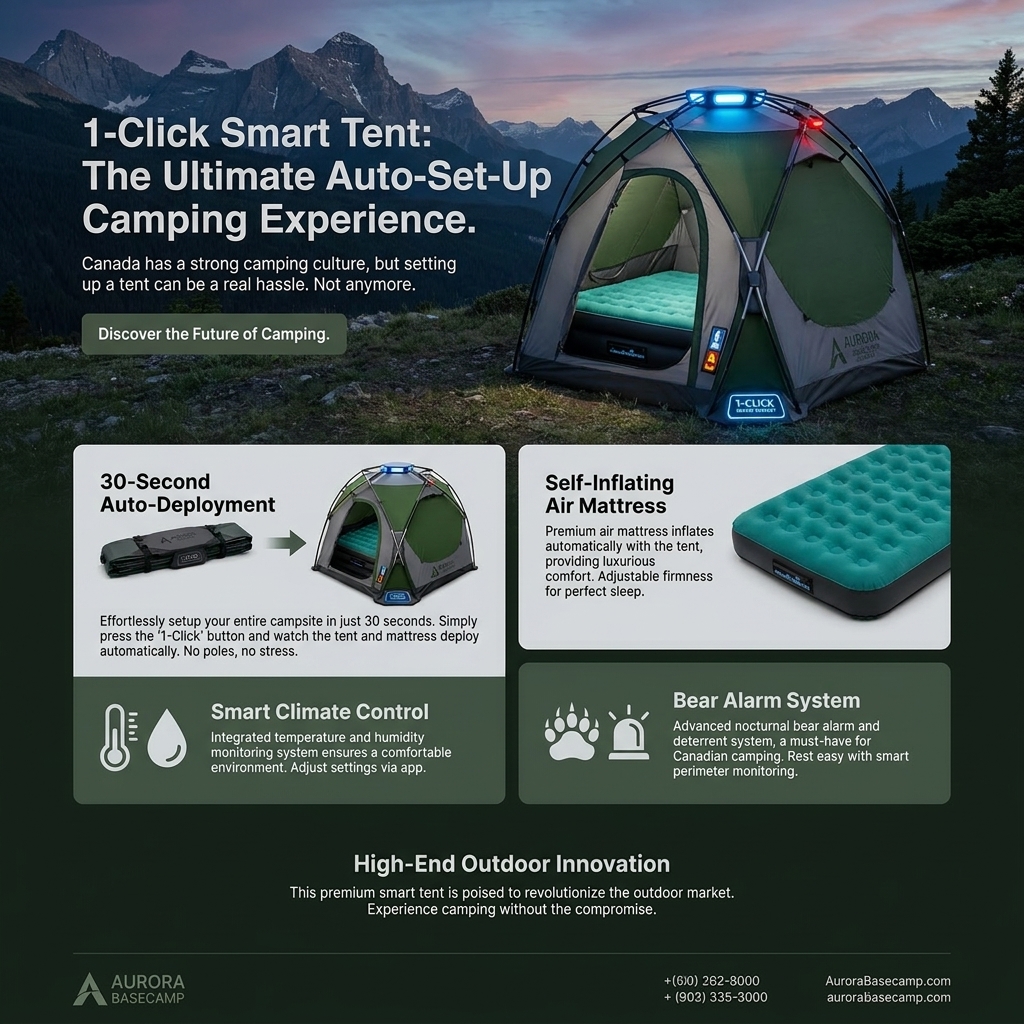 All-in-One Smart Automatic Tent: 1-Click Instant Setup 4-Season Camping Shelter with Integrated Air Bed, Smart Moisture & Heat Control, and 360° Nighttime Bear Proximity Alarm - Professional Grade Intelligent Outdoor Housing