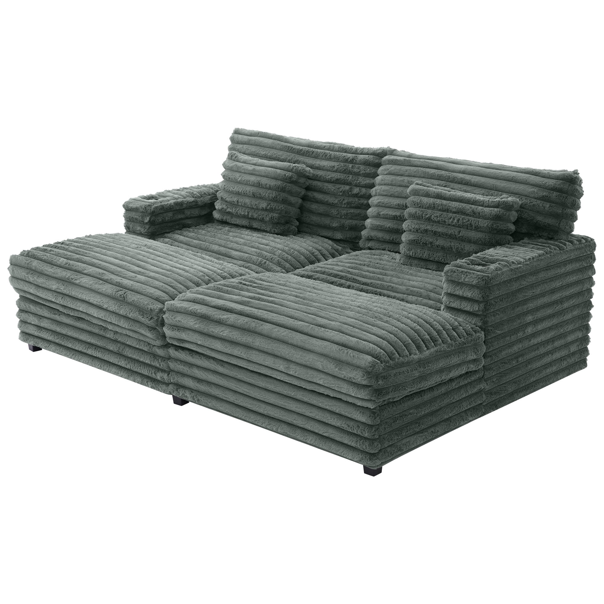 Oversized Double Chaise Lounge, Faux Fur Upholstered Deep Seat Sofa with 2 Pillows, 2 Cupholders, and Dual USB Ports - Image 47