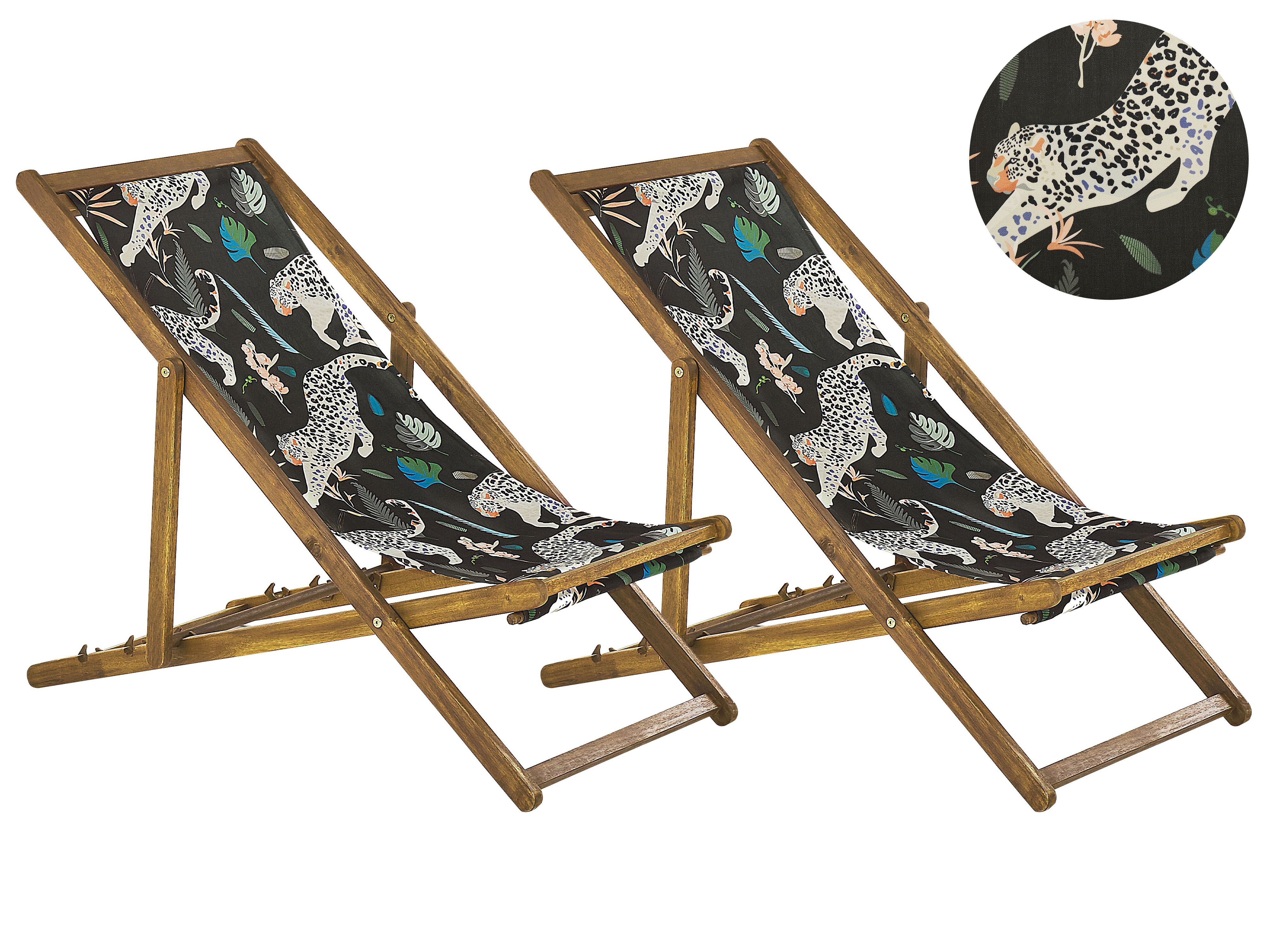 Set of 2 Folding Deck Chairs ANZIO with Replacement Fabrics Animal Motif Acacia Wood Light Brown