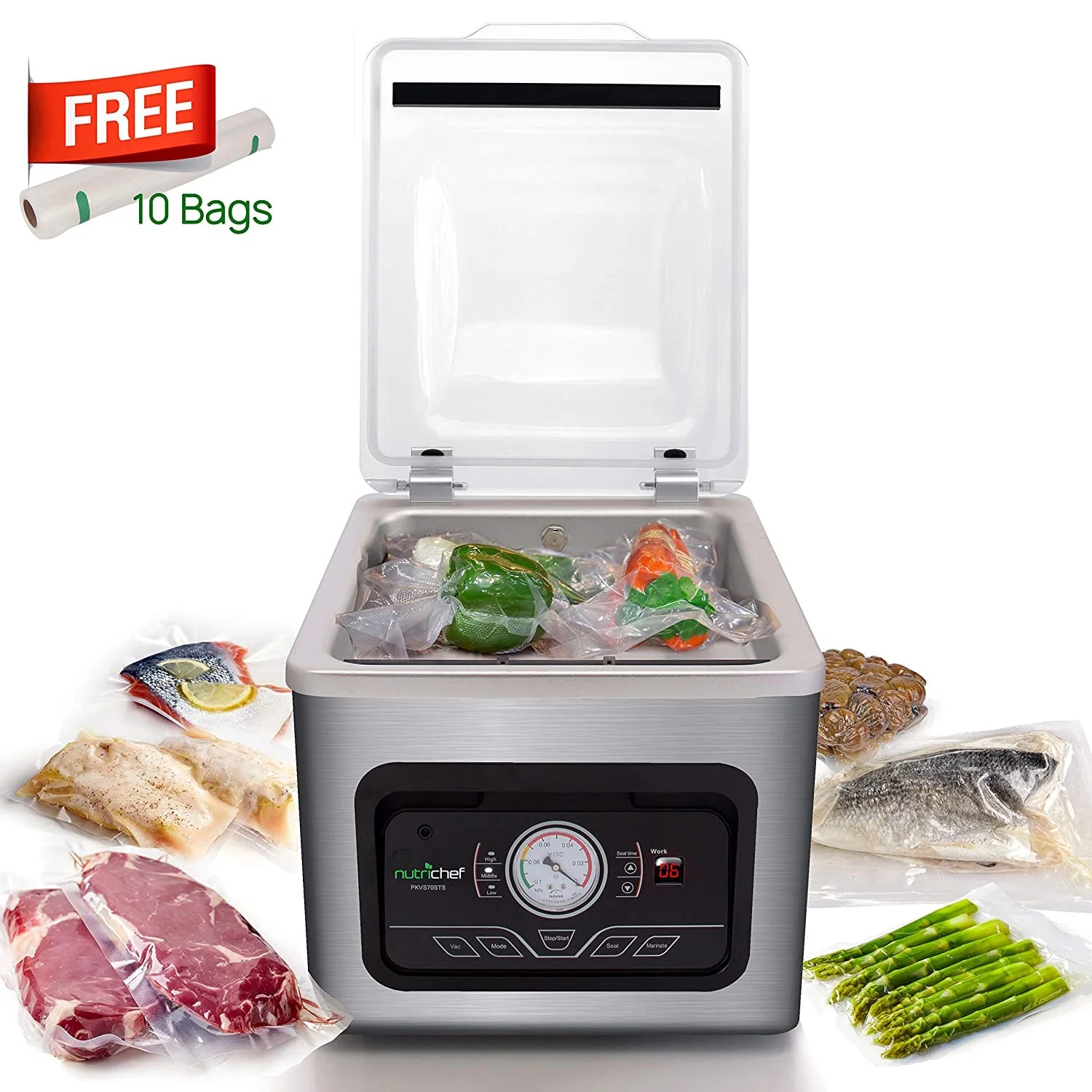 NutriChef PKVS70STS - Chamber Food Vacuum Sealer System - Commercial Electric Air Seal Preserver with Air Vac Bags (Stainless Steel)