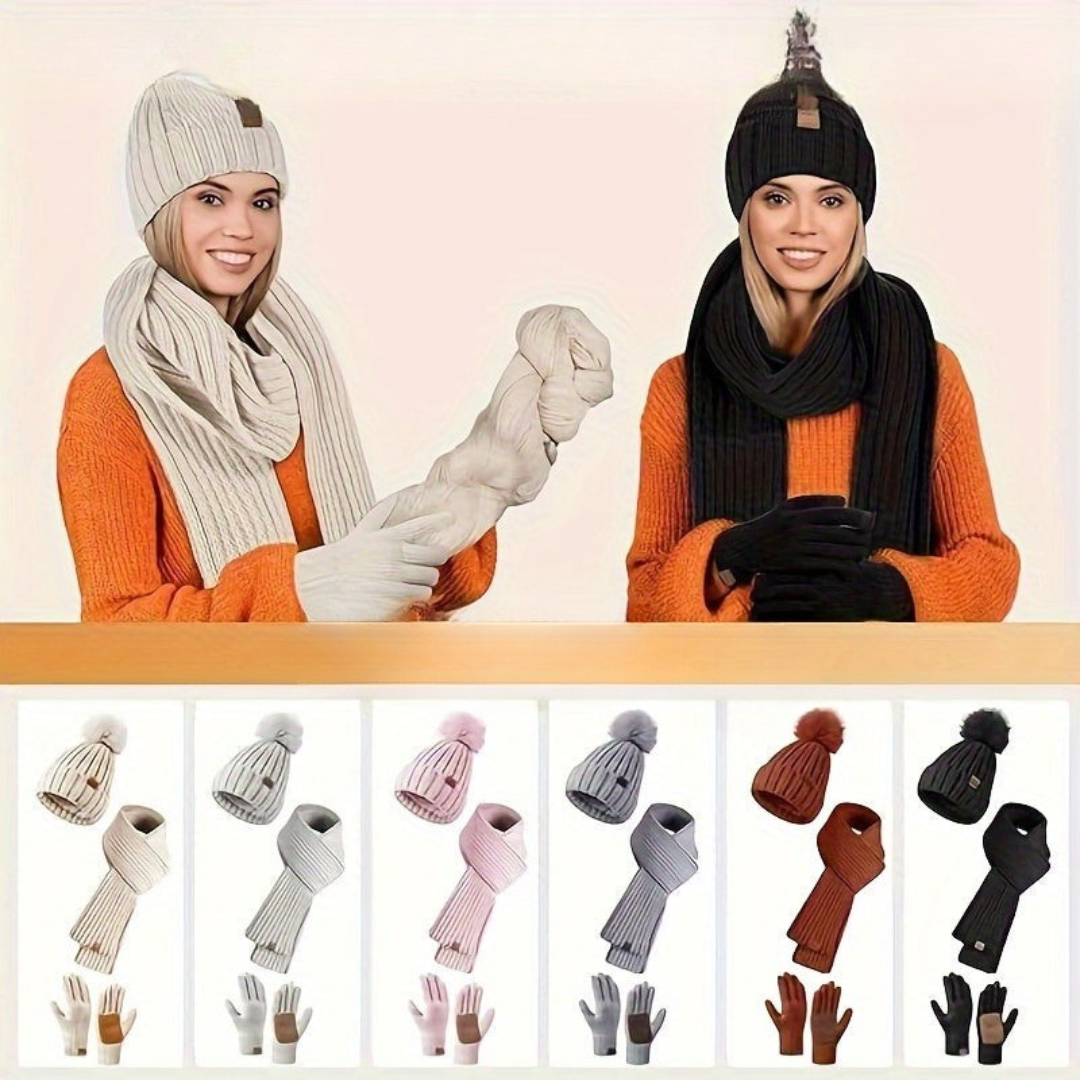 3-in-1 Winteraccessoireset met Gebreide Muts, Sjaal en Touchscreen Handschoenen – Unisex en Warm