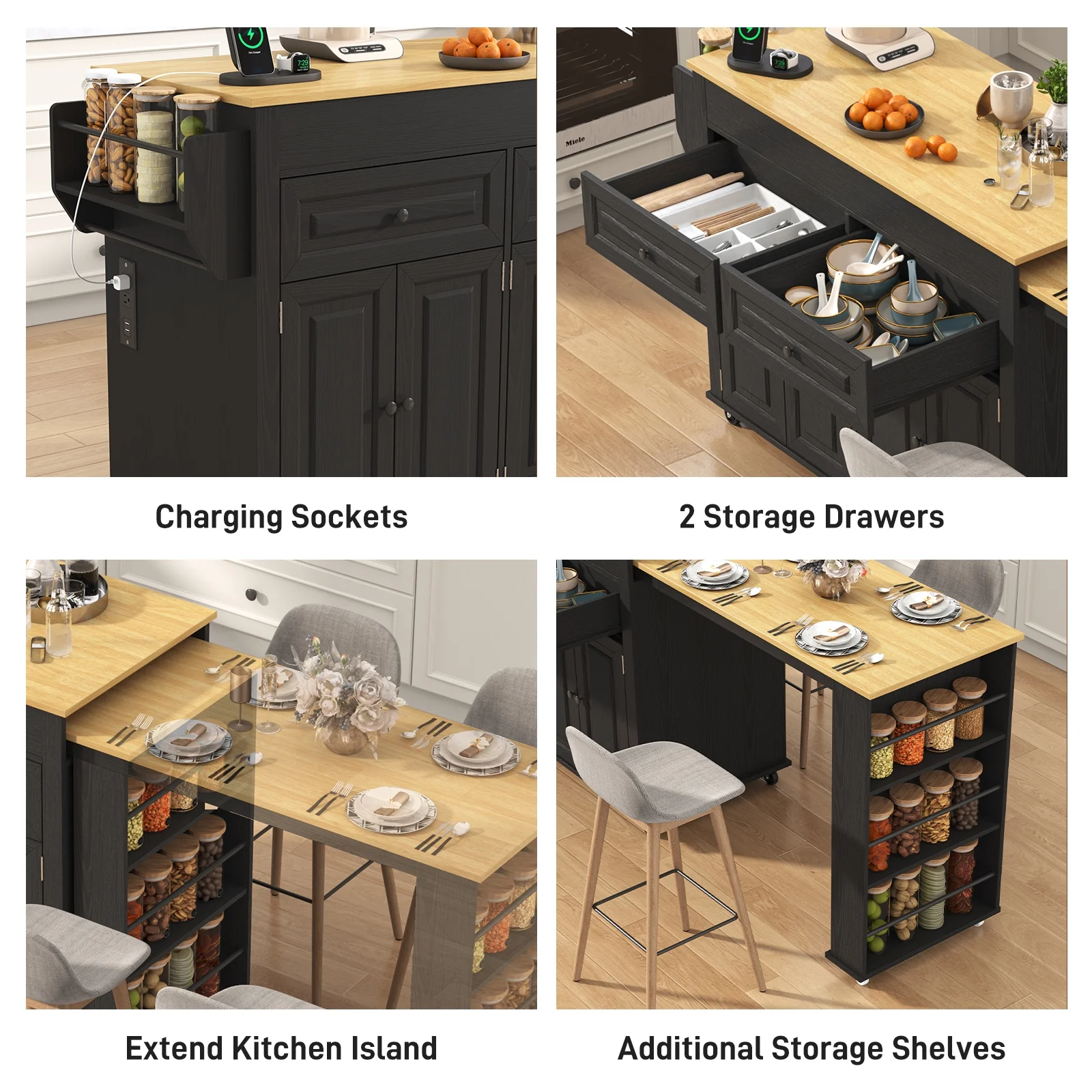 ANPOO Large Kitchen Island with Extendable Dining Table and Power Outlet, Rolling Kitchen Island Cart on Wheels with 2 Storage Cabinets & 2 Drawers & 3 Spice Racks, Island Table for Kitchen - Image 6