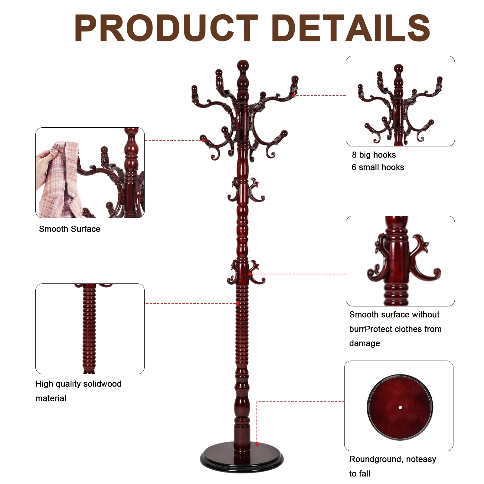 Coat Rack Freestanding, Hall Tree with 11 Hooks, Heavy Duty Wooden Coat Tree Stand, Adjustable Height, Sturdy Base for Bedroom Hallway Office - Load 270lbs - Image 49