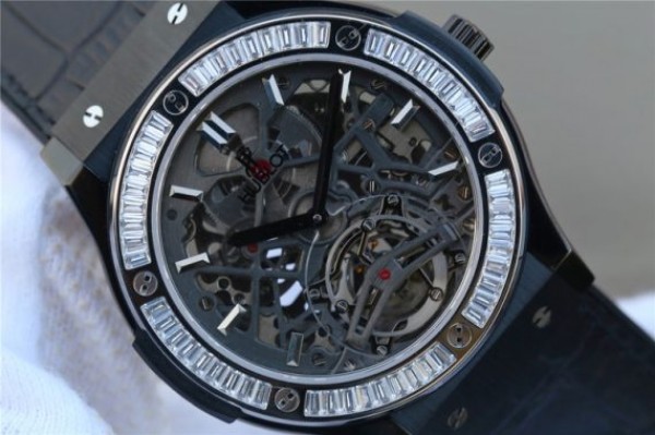 Replica Hublot Classic Fusion Tourbillon 42mm TF SS PVD Diamonds Bezel Skeleton Dial Gummy Strap A23J - Top club