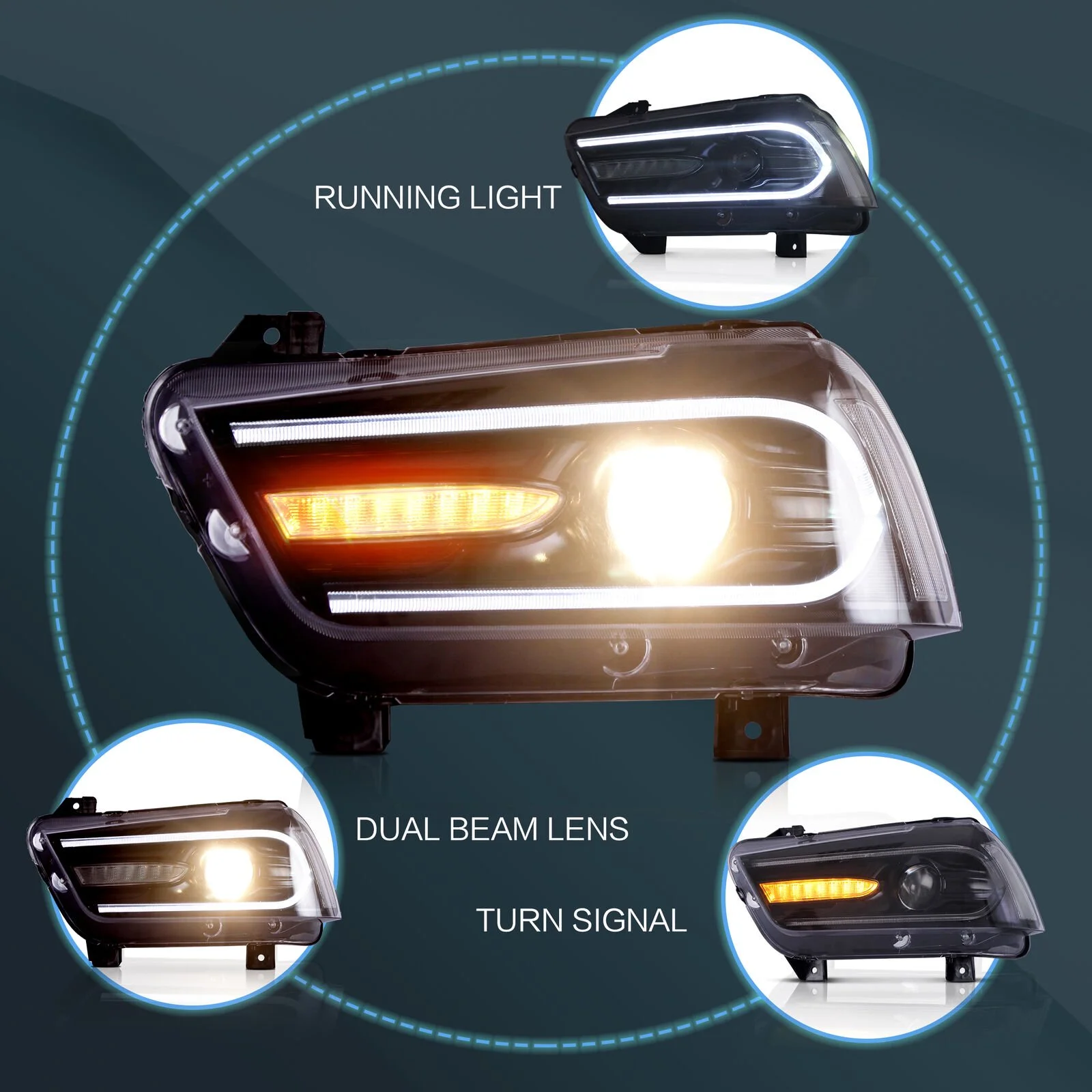 VLAND for Dodge Charger 2011 2012 2013 2014 Dual Beam Projector Headlights Replacement Assembly - Image 26