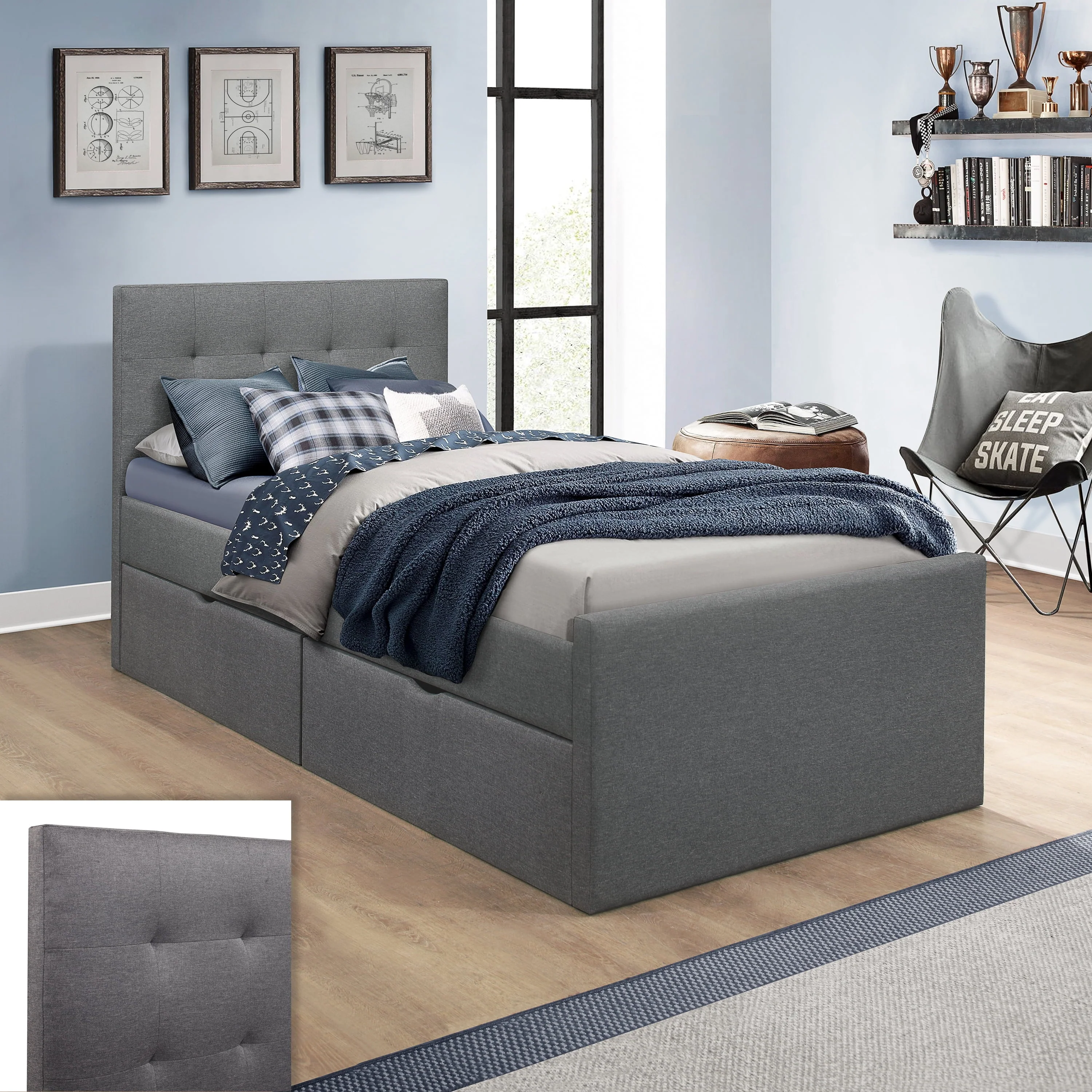 Emory Upholstered Twin Platform Bed with 2 Storage Drawers, Gray, by Hillsdale Living Essentials - Image 11