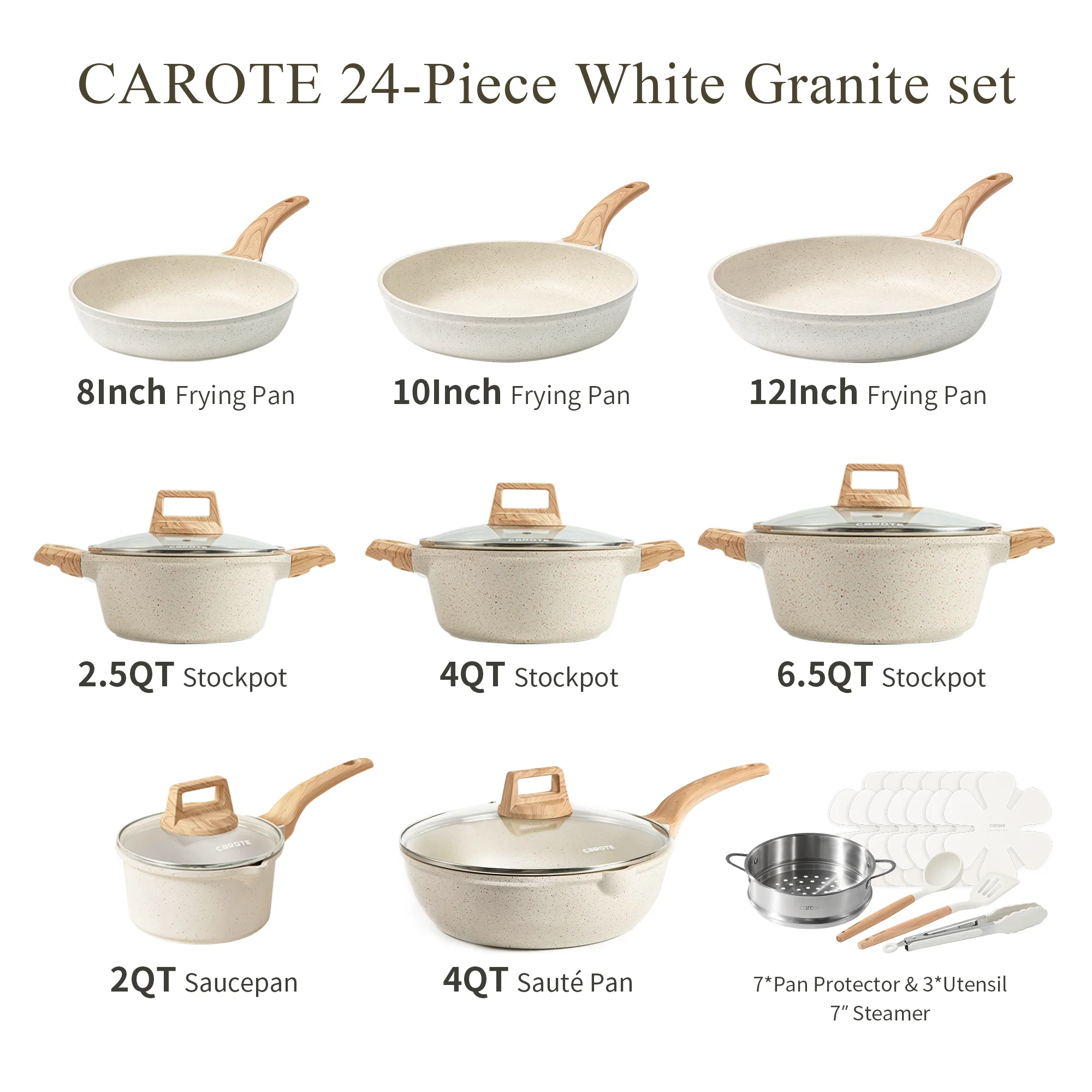 Carote Nonstick Cookware Sets, 24 Pcs Granite Non Stick Pots and Pans Set, Induction Cookware, White