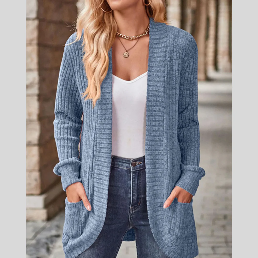 Ribbed Knit Open Front Cardigan with Pockets - ZKZOOK