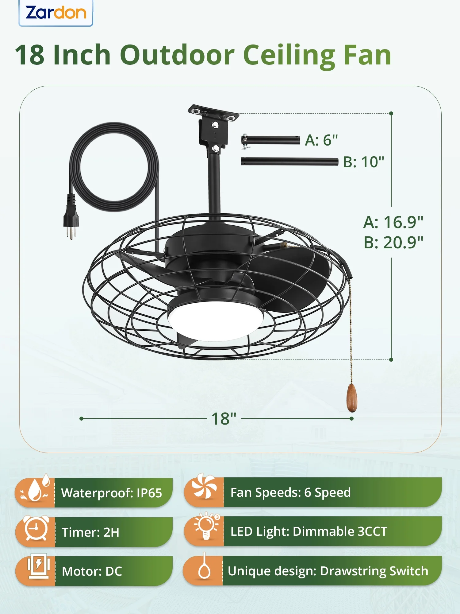 Zardon 20" Outdoor Ceiling Fan with Light and Remote, 7 Blades Caged Waterproof Gazebo Fan for Patio, Porch, Pergola Canopy, App Control - Image 19