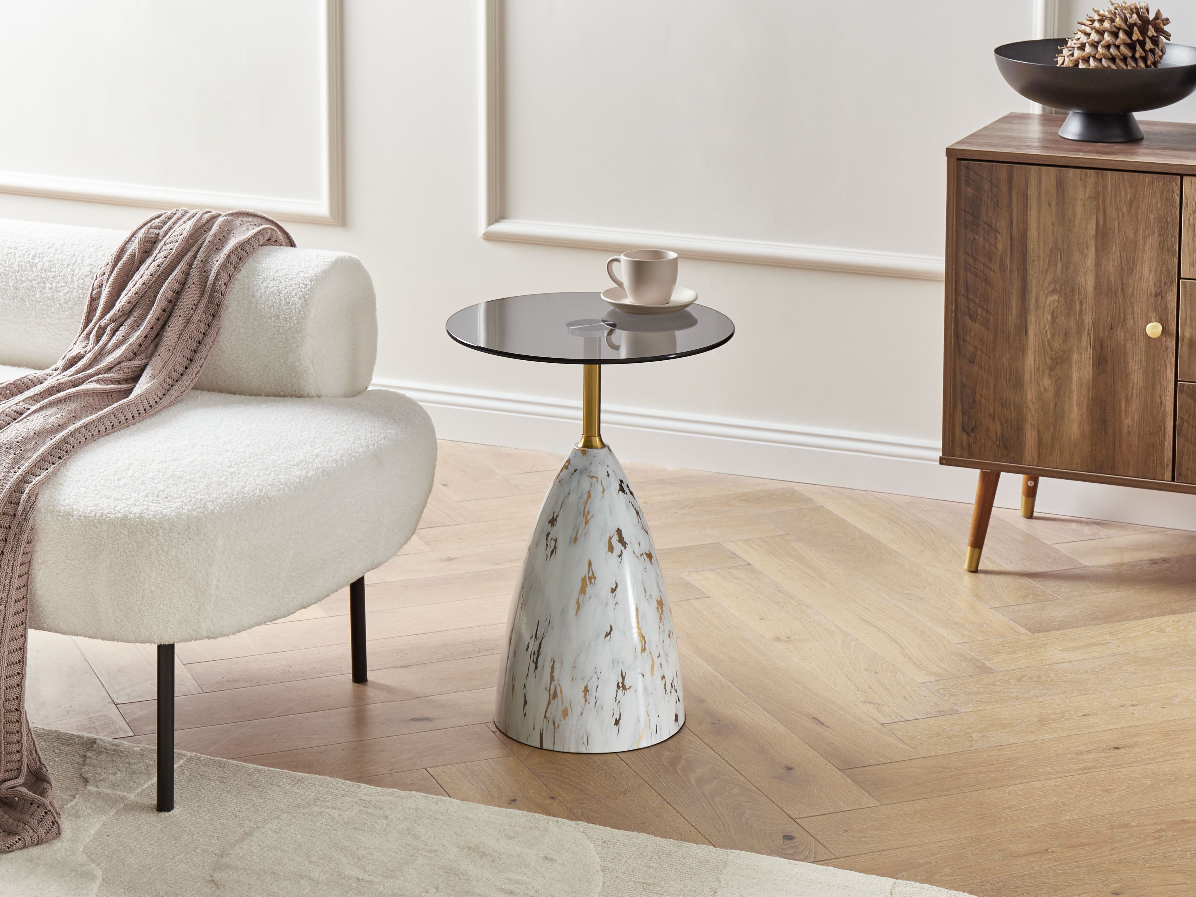 Side Table WABBY Tempered Glass White Marble