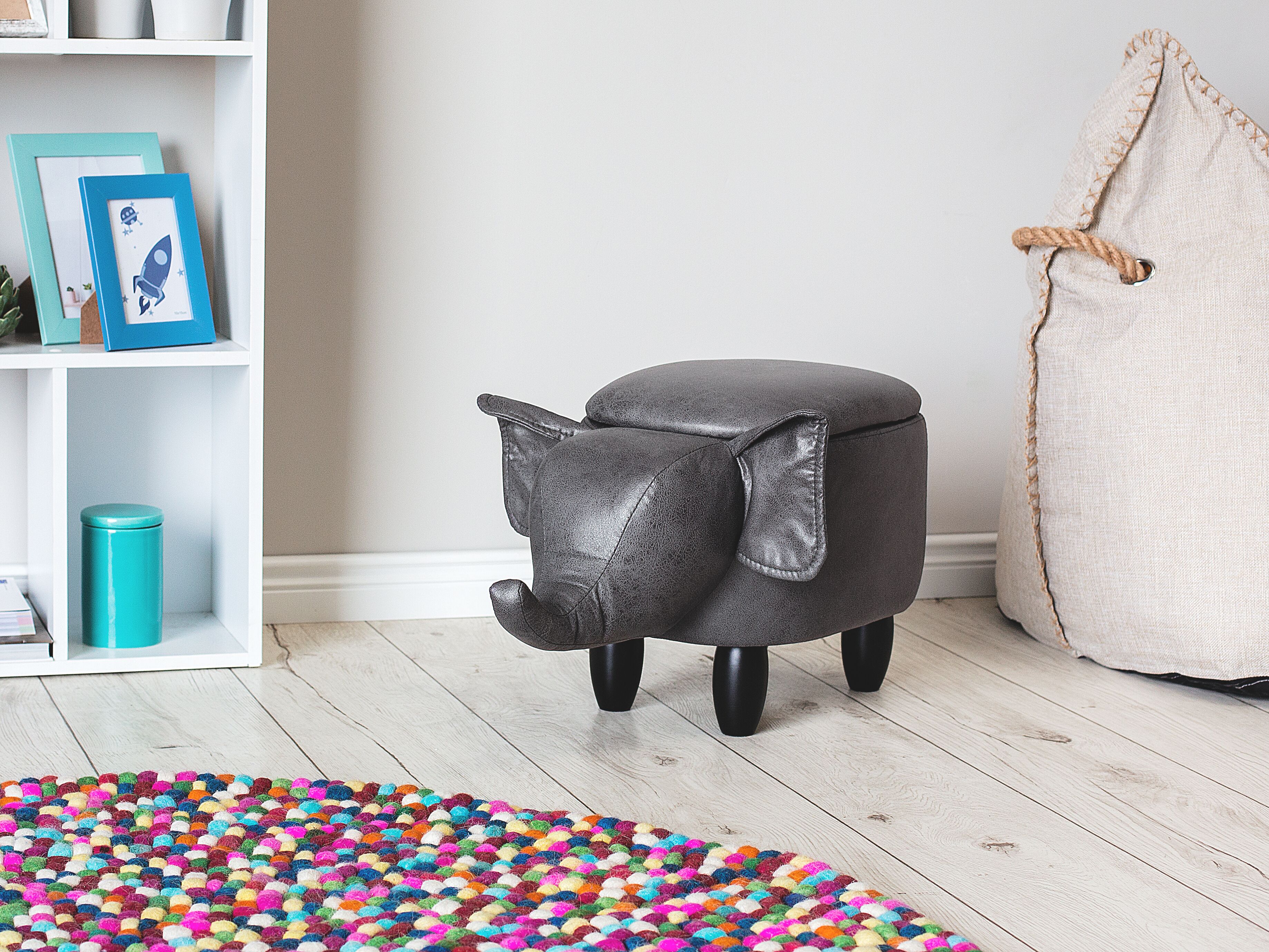 Storage Animal Stool ELEPHANT Faux Leather Dark Grey Elephant