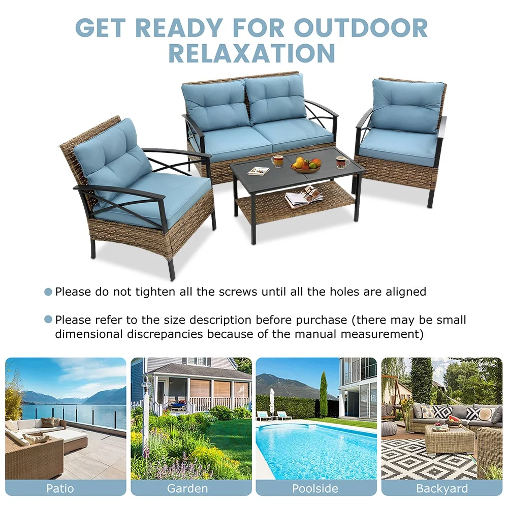 Patio Sofa Set, 4 Pieces Outdoor Sectional Furniture, All-Weather PE Rattan Wicker Patio Conversation Set, Cushioned Sofa Set with Coffee Table for Patio Garden Poolside Deck - Image 39