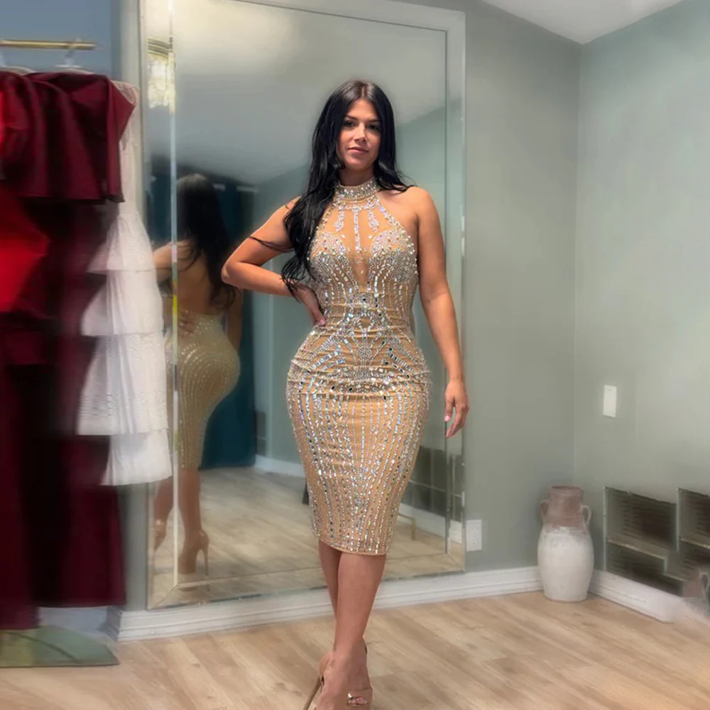 Backless Sleeveless Rhinestone Dress Polyester Mesh Stitching Milk Silk Party - AZJHJ