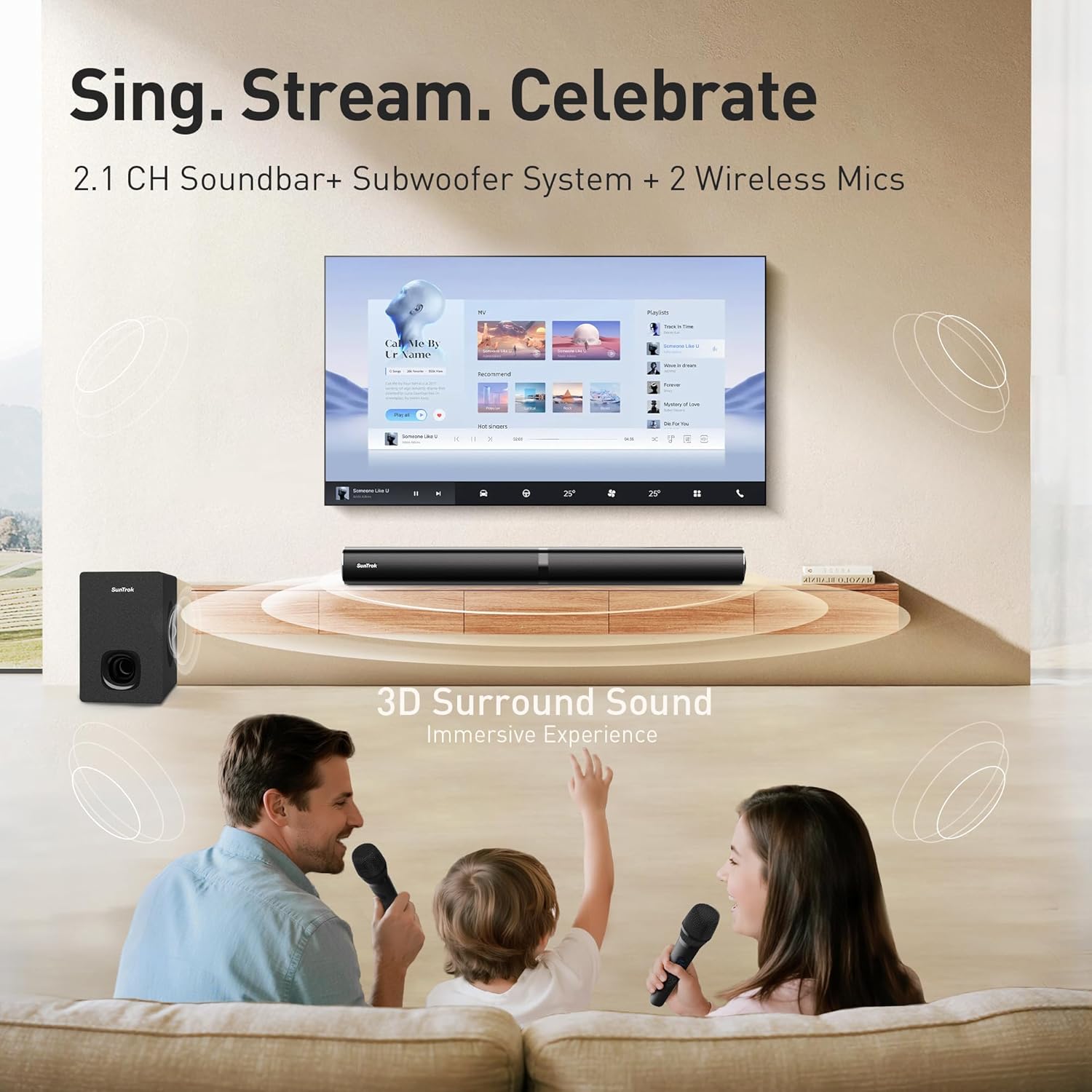 Karaoke Soundbar with Subwoofer for TV: Sound Bar with 2 Wireless Microphones - Home Theater Surround Sound System - Bluetooth Speaker with Remote Supports HDMI ARC/Optical/AUX/USB for TV/PC