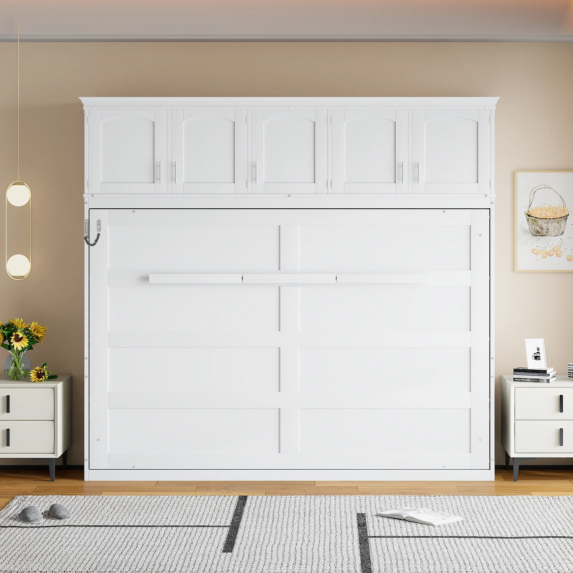 Newest Queen Size Murphy Bed Wall Bed with Top Cabinets,Gray - Image 8