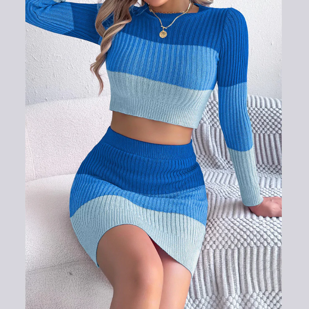 Color Block Ribbed Knit Top and Skirt Sweater Set - ZKZOOK