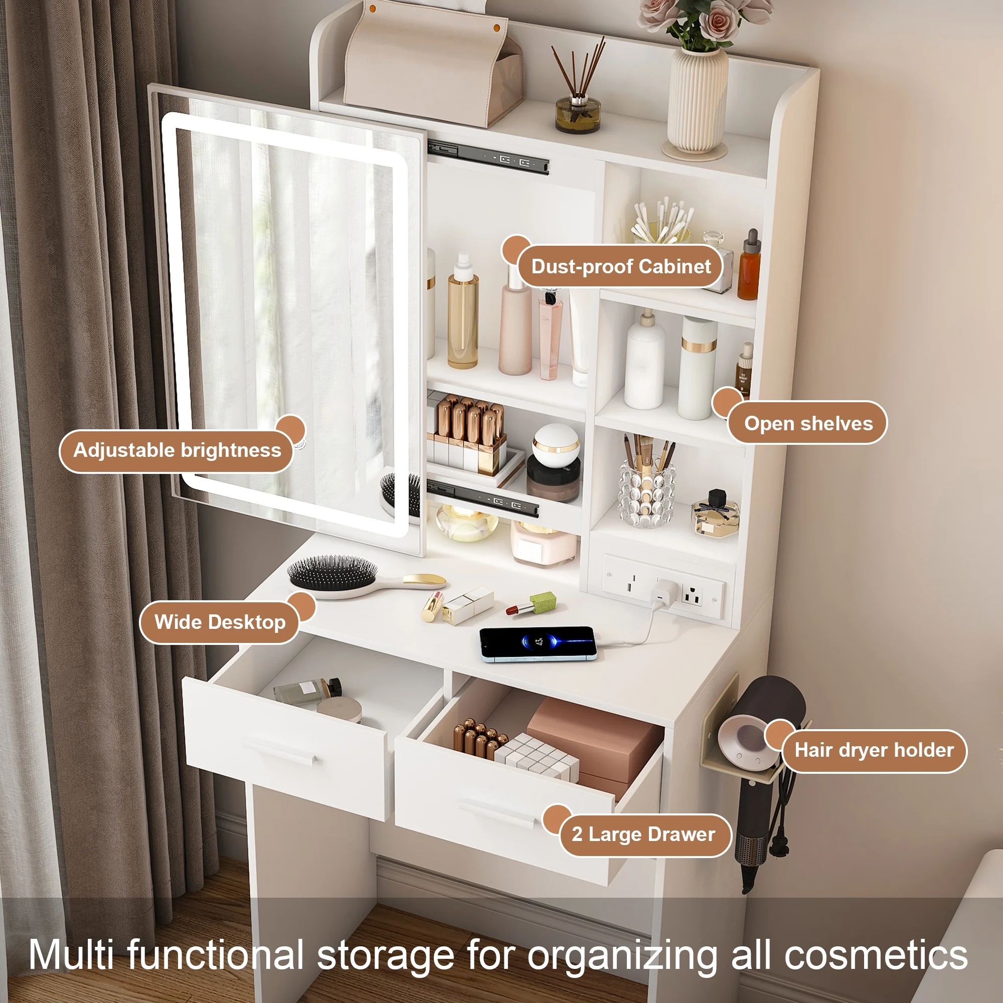 Montary Modern Mini Vanity w/Adjustable LED Mirror + Hidden Storage, Padded Stool & Dustproof Shelves (White) - Image 124