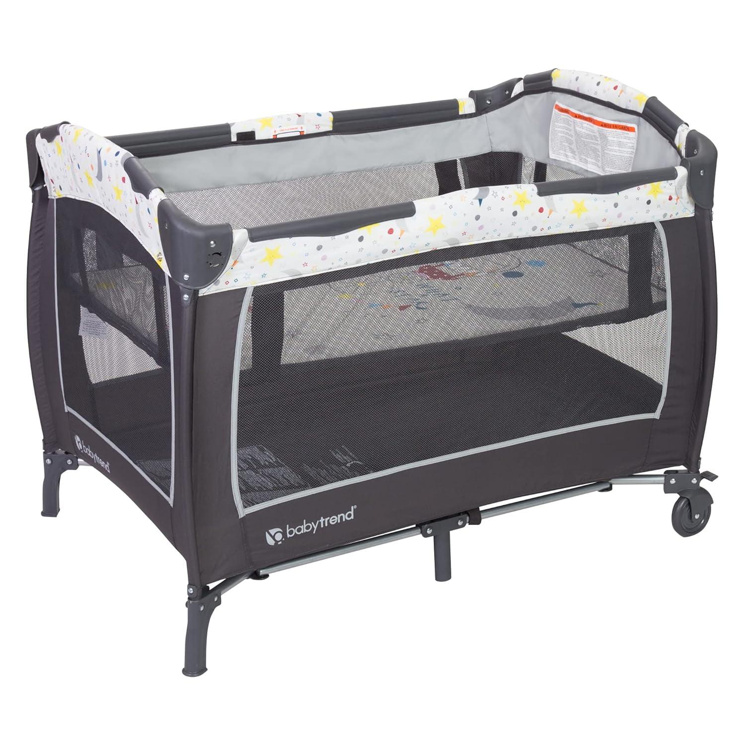 Baby Trend Lil Snooze Deluxe II Nursery Center Playard with Changer and Bassient. Twinkle Twinkle Little Moon. White/Gray