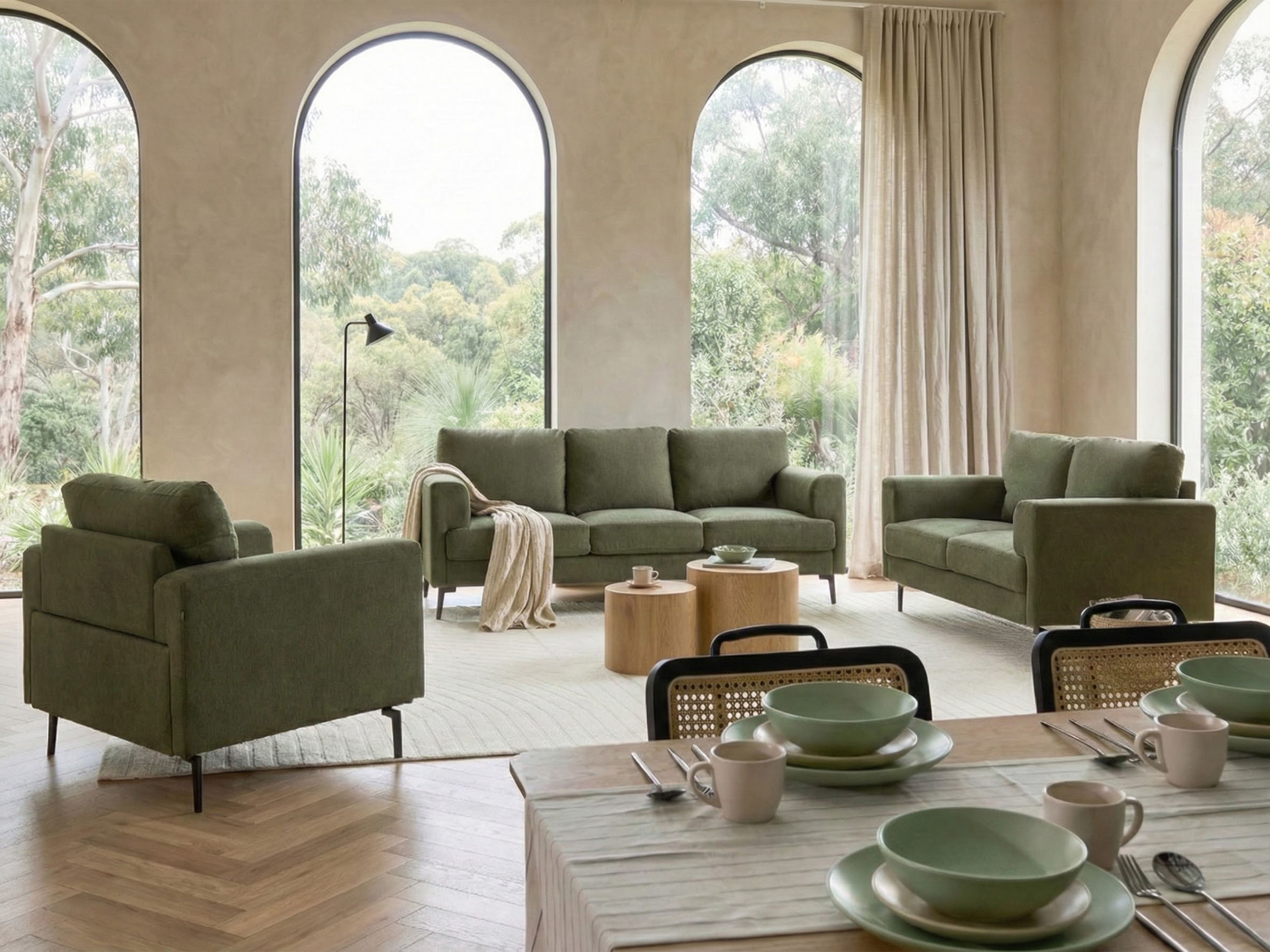Living Room Set 6 Seater LOUSTO Fabric Green