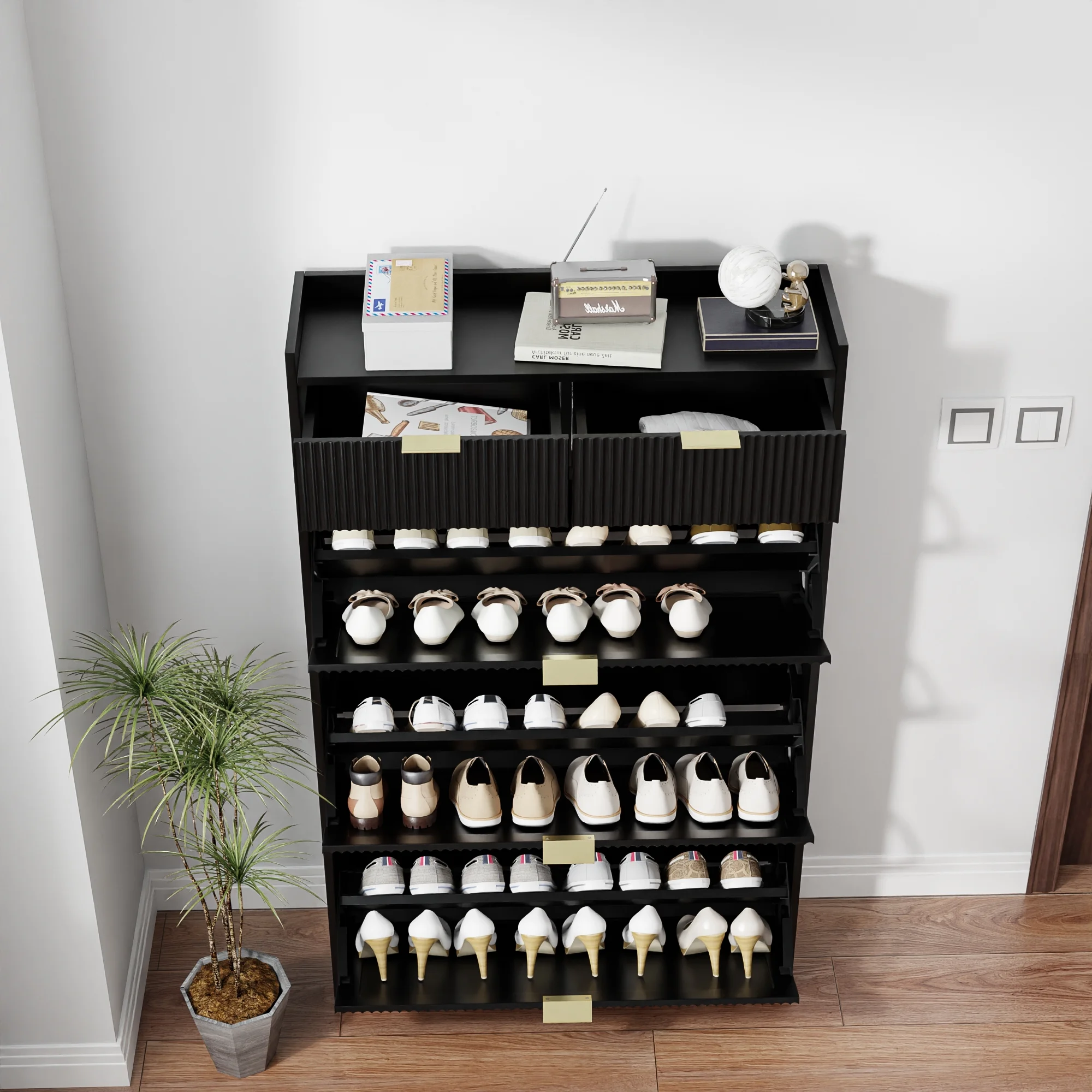 Shoe Cabinet, Free Standing Tipping Bucket Shoe Rack Organizer with 3 Flip Drawers, Modern Entryway Narrow Shoe Rack with 2 Drawers & Top Storage, for Hallway Bedroom, Walnut - Image 14
