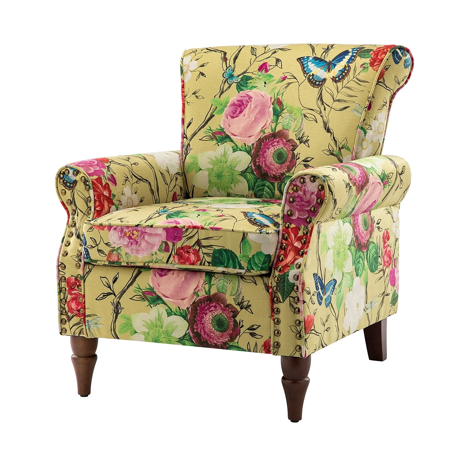 14 Karat Home Wingback Accent Chair Removable Cushion Floral Upholstered Sofa Armchair Couch Wood Legs Nailhead Trim Mustard - Image 10