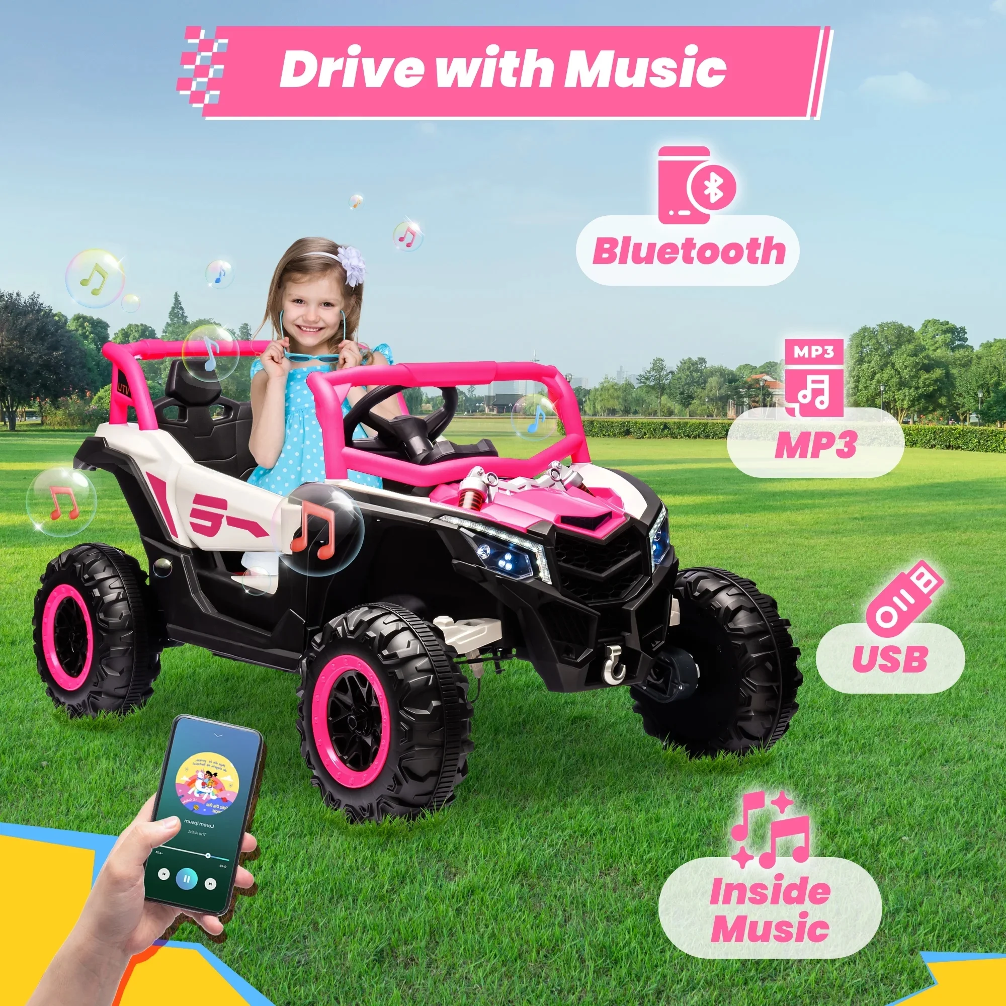 Joyracer 4WD 24 Volt Ride on Toys, 2 Seater Power Car wheels UTV with 800W Motors, Remote Control, Bluetooth Music, Spring Suspension, LED Light, Pink - Image 10