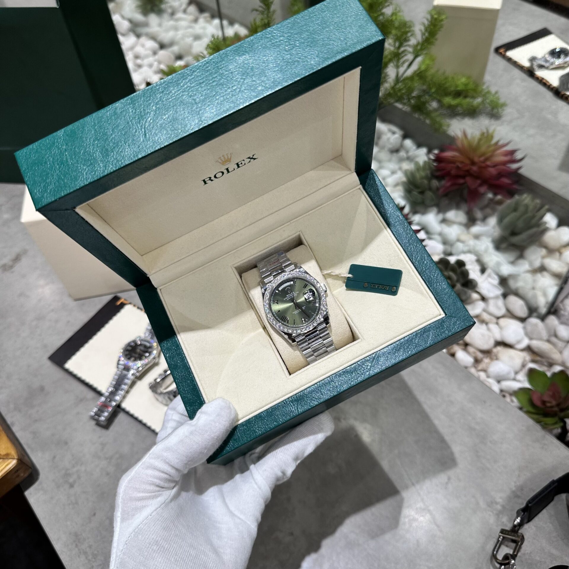Rolex Day-Date 228236 Moissanite Green Dial Replica Watch 168gram GM V3 40mm - Elite Watch Atelier