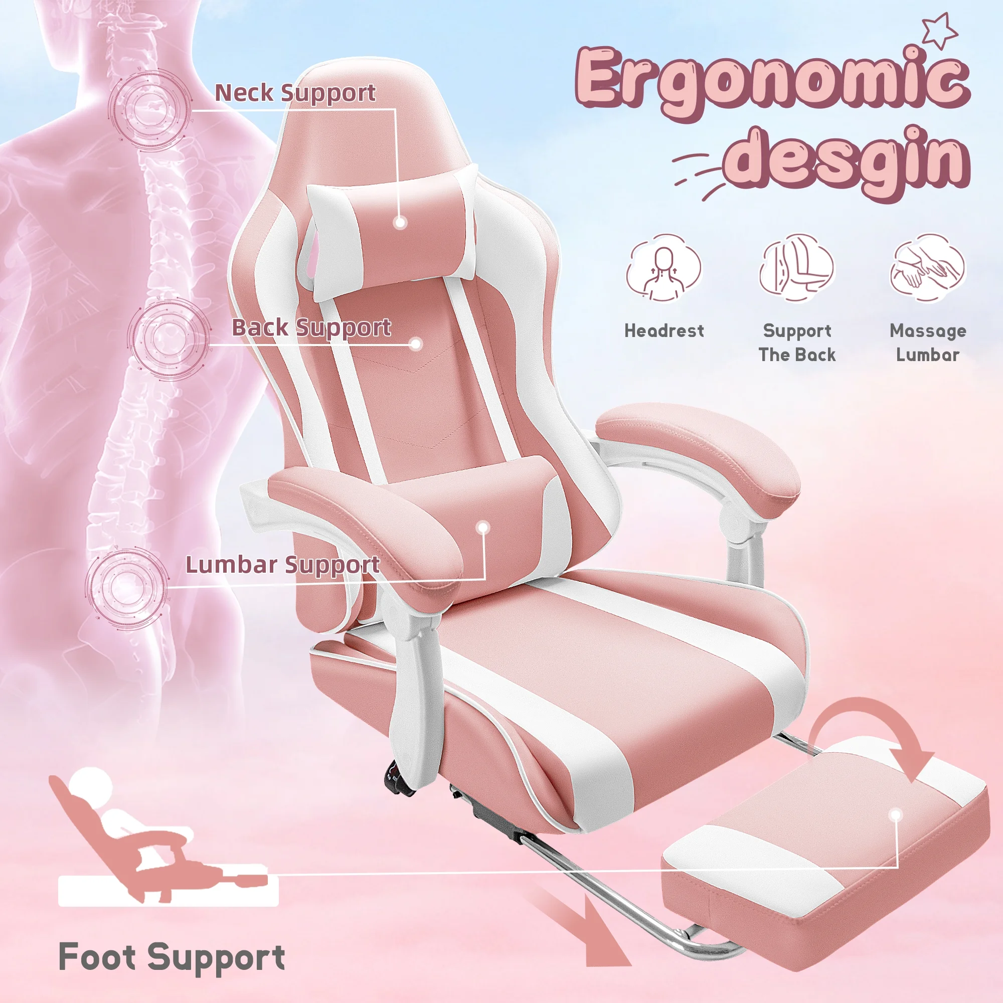 Lacoo PU Leather Gaming Chair Massage Ergonomic Gamer Chair Height Adjustable Computer Chair with Footrest & Lumbar Support, White - Image 54