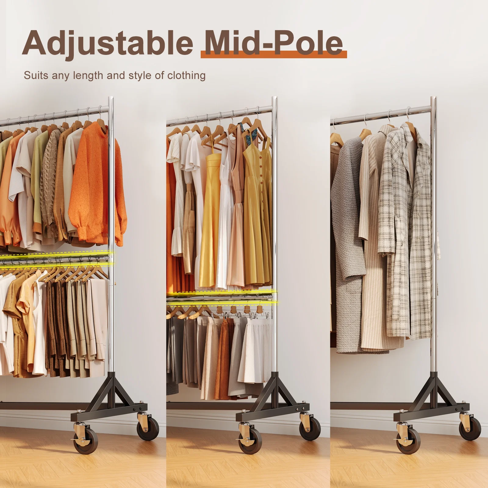 HOKEEPER 400LBS Commercial Z Base Garment Rack Heavy Duty Clothing Rack Height Adjustable Rolling Clothes Rack for Hanging Clothes Racks on Wheels Portable Z Rack Chrome Finish - Image 10