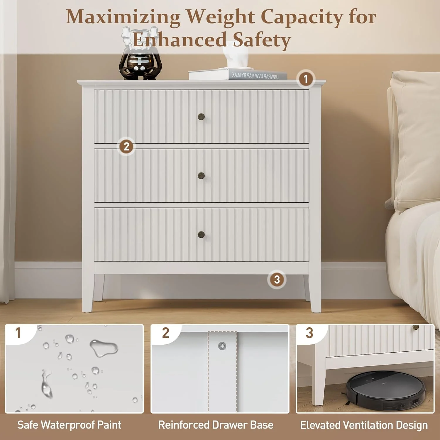 Heynemo Beige 6 Drawer Dresser, Fluted Modern Wood Chest - Image 22